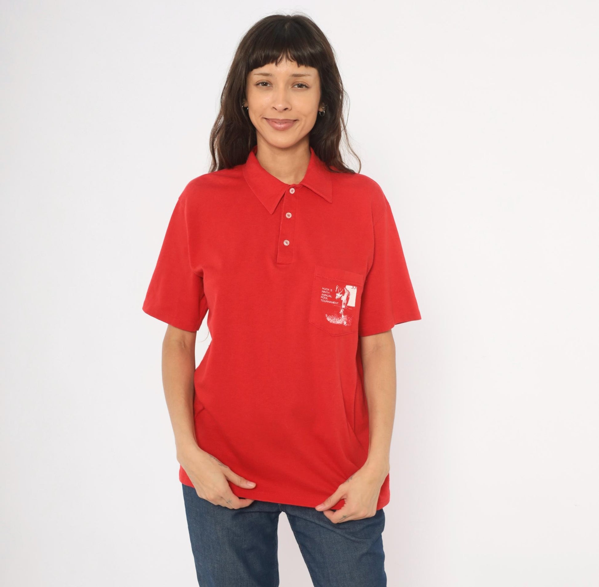 80s Stedman Pool Tournament Polo Shirt Red Billiards Graphic Large L