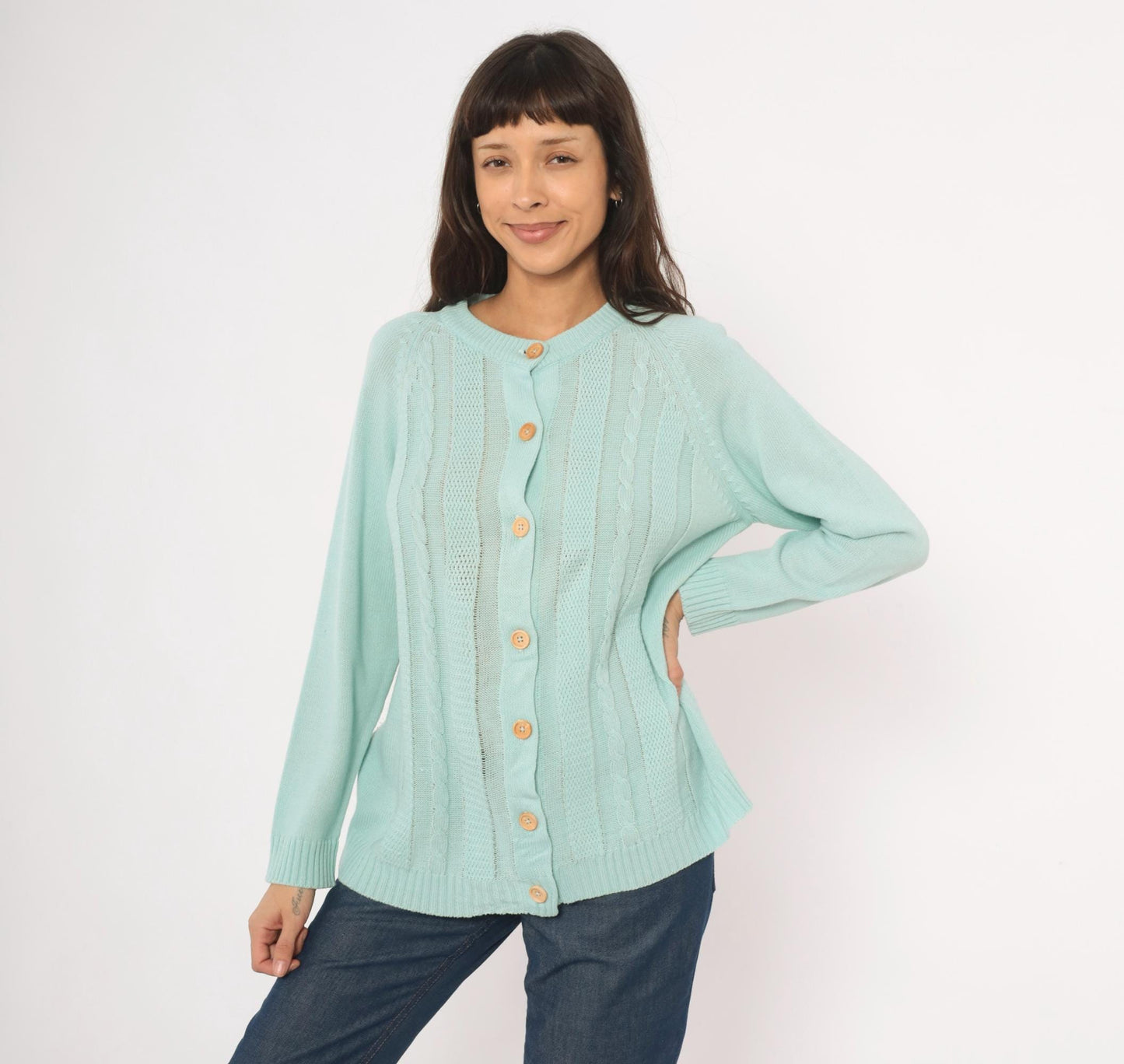 80s Seafoam Cable Knit Cardigan Mint Green Crewneck Medium M