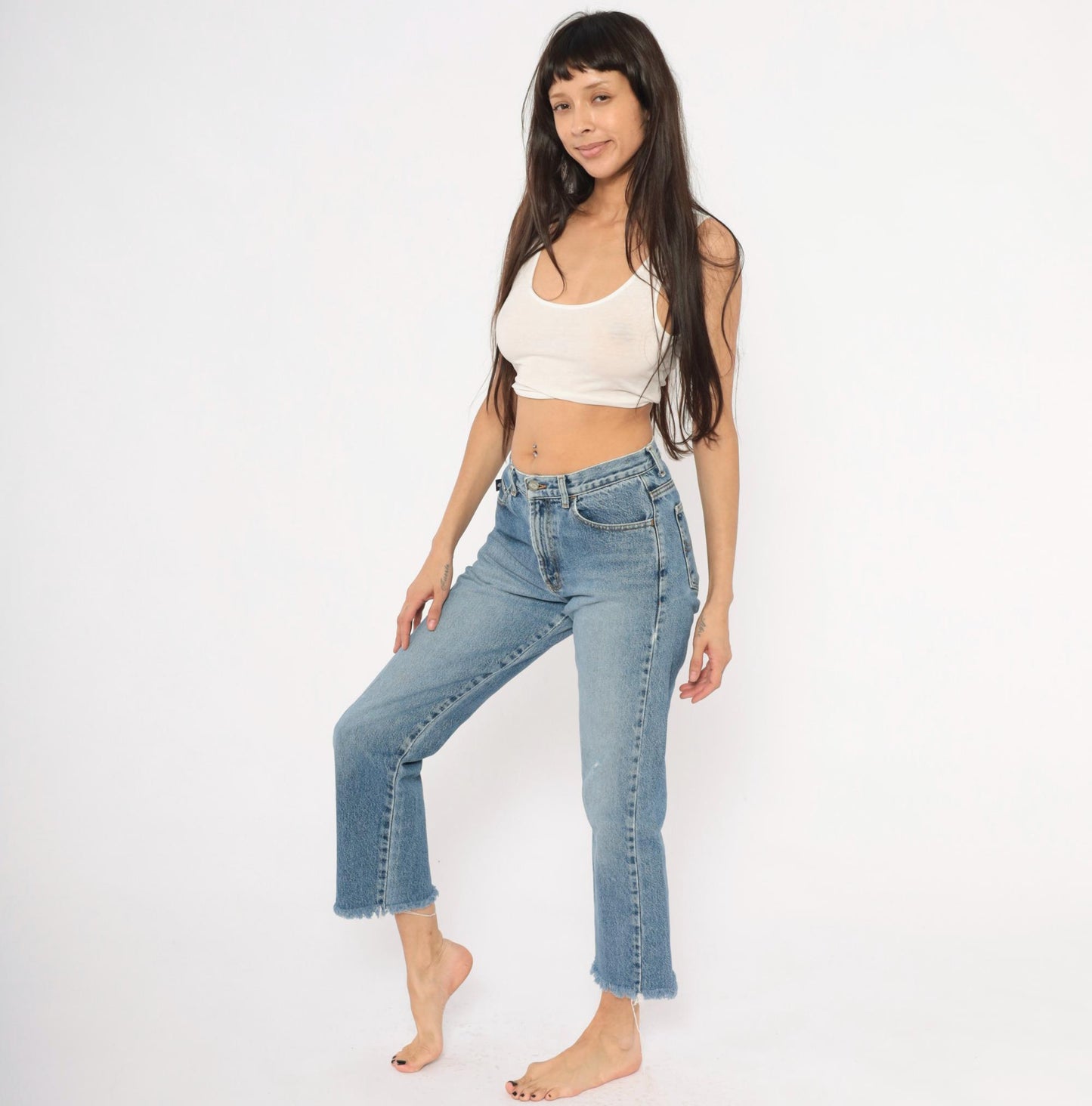 Y2K Bongo Cropped Jeans High Rise Straight Leg Raw Hem Blue Denim Small