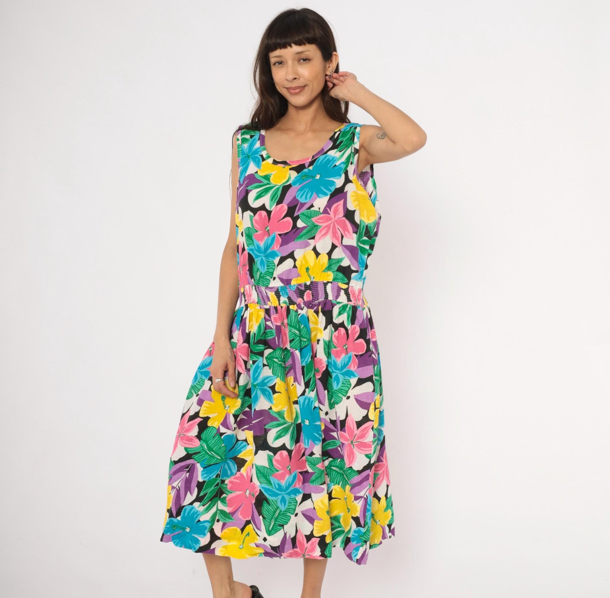 90s Tumbleweeds Tropical Hibiscus Midi Sundress Cotton Scoop Neck Large L