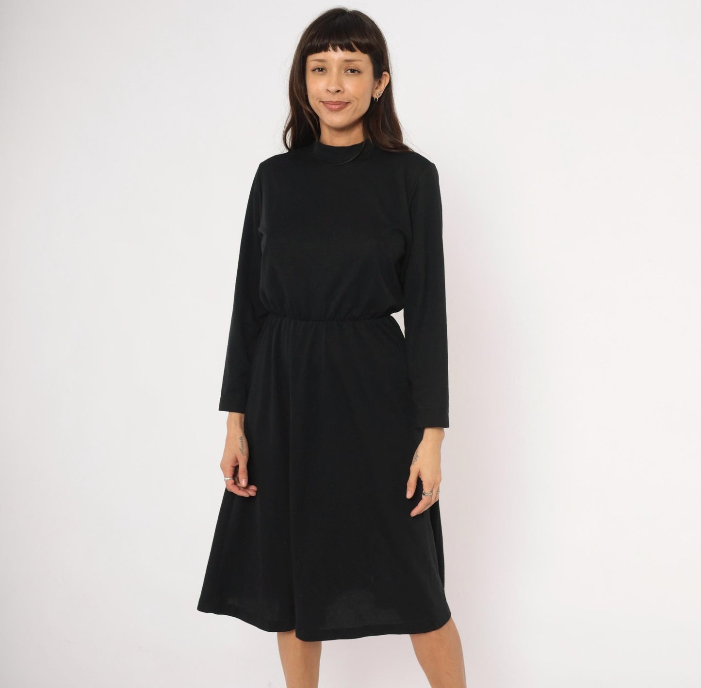 80s Philippe Marcel Black Mock Neck Dress Gathered Knee-Length Small Medium
