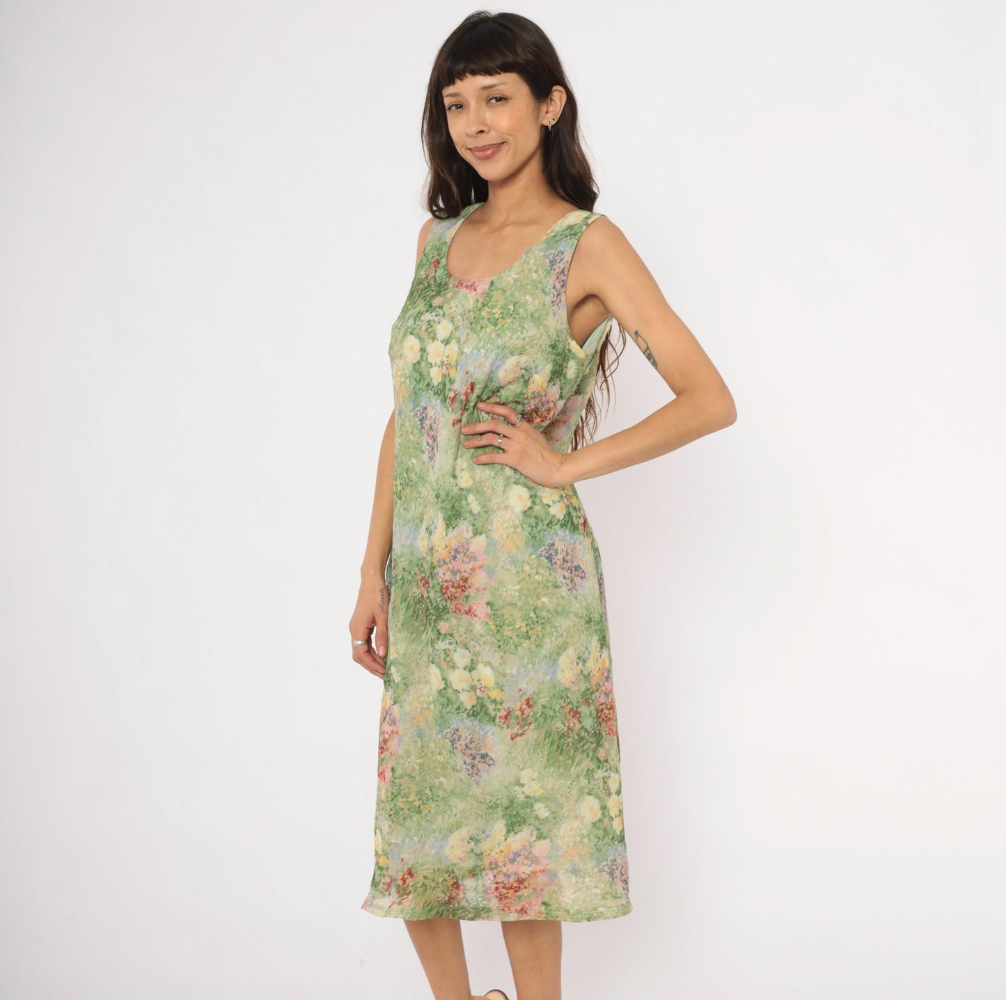 90s K Studio Floral Midi Dress Impressionist Garden Print Green Pink Extra Large