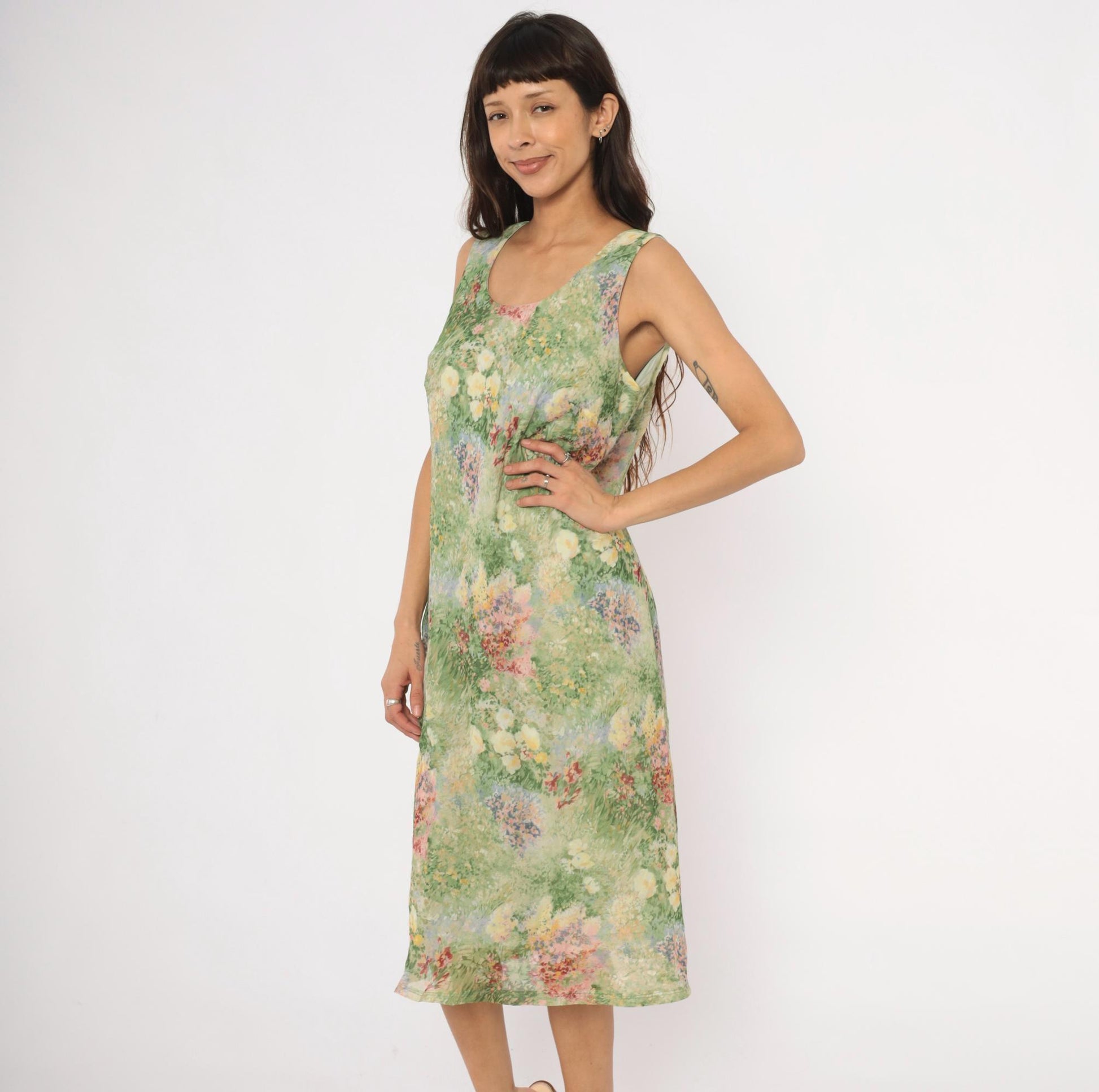90s K Studio Floral Midi Dress Impressionist Garden Print Green Pink Extra Large