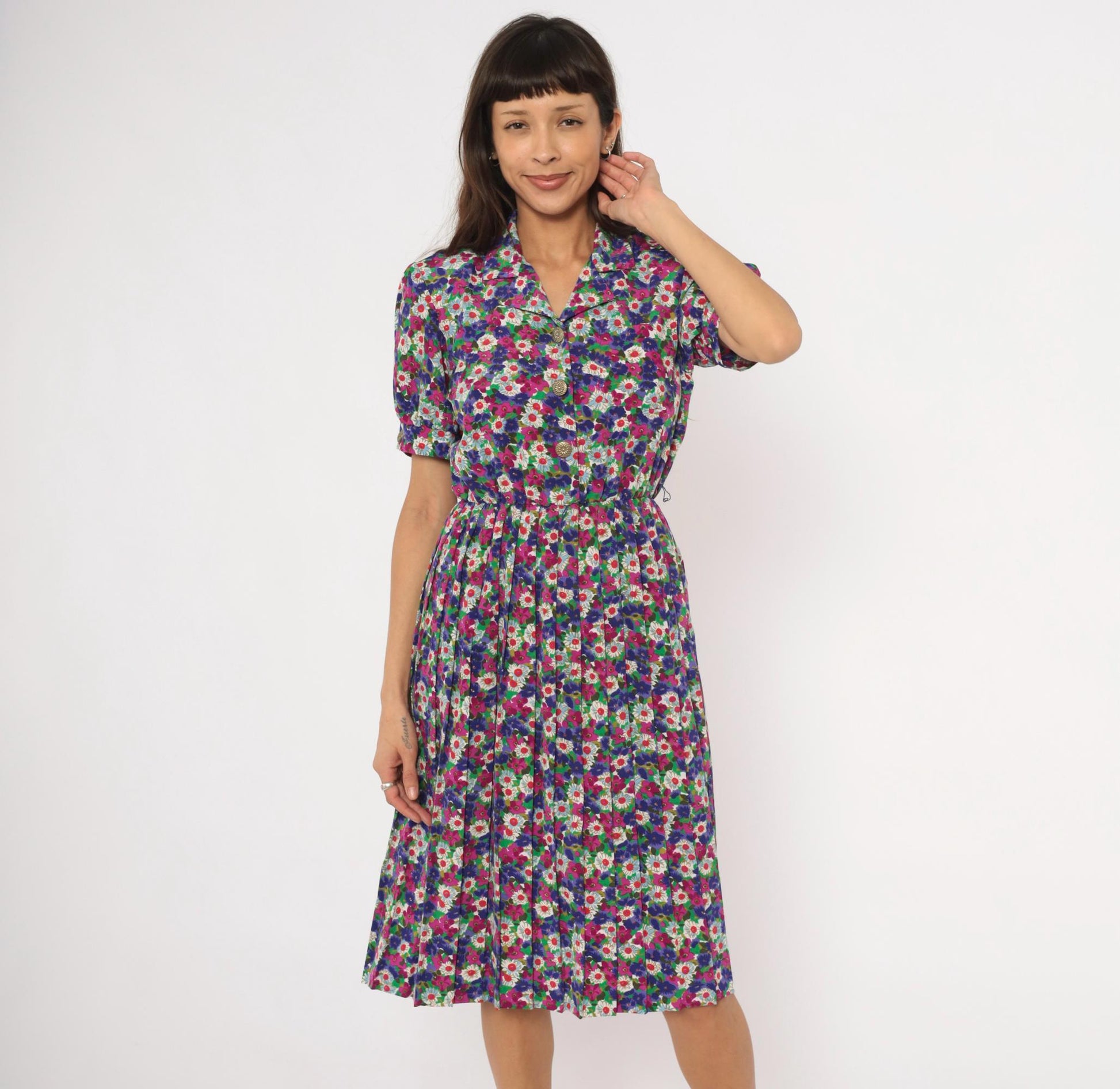 80s Winning Ticket Floral Shirtdress Purple Garden Print Puff Sleeve Small