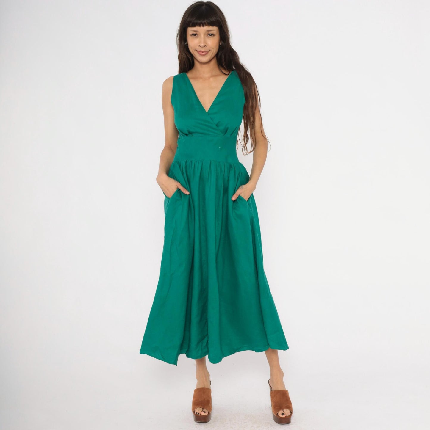 80s Kenar 2 Teal Linen Midi Dress Surplice V-Neck Sleeveless Small S