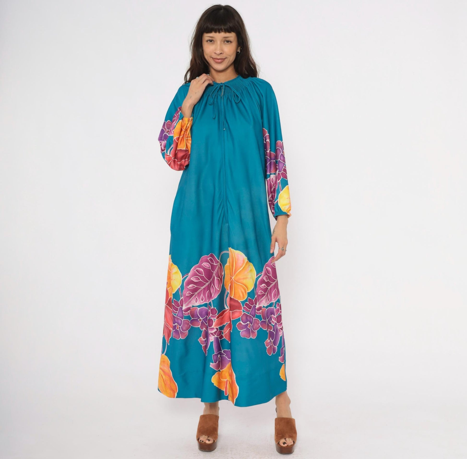 70s Teal Floral Caftan Maxi Dress Smocked Neckline Zip Front Medium M