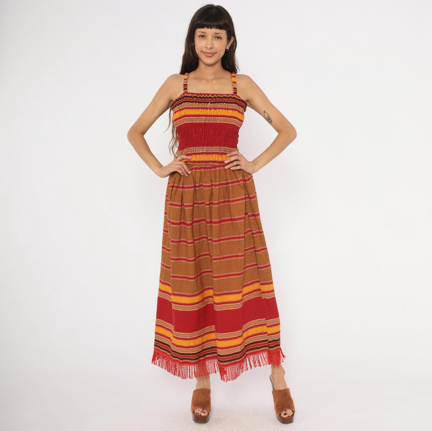90s Striped Smocked Sundress Red Gold Fringe Hem Cotton Small