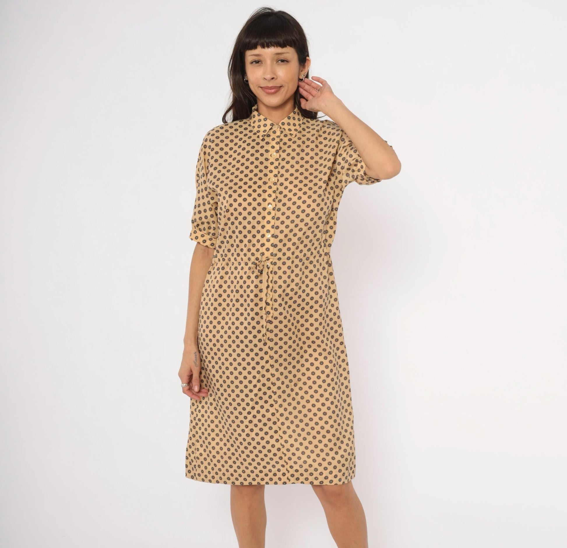 80s Kevin Stuart Petites Medallion Floral Shirtdress Tan Medium M