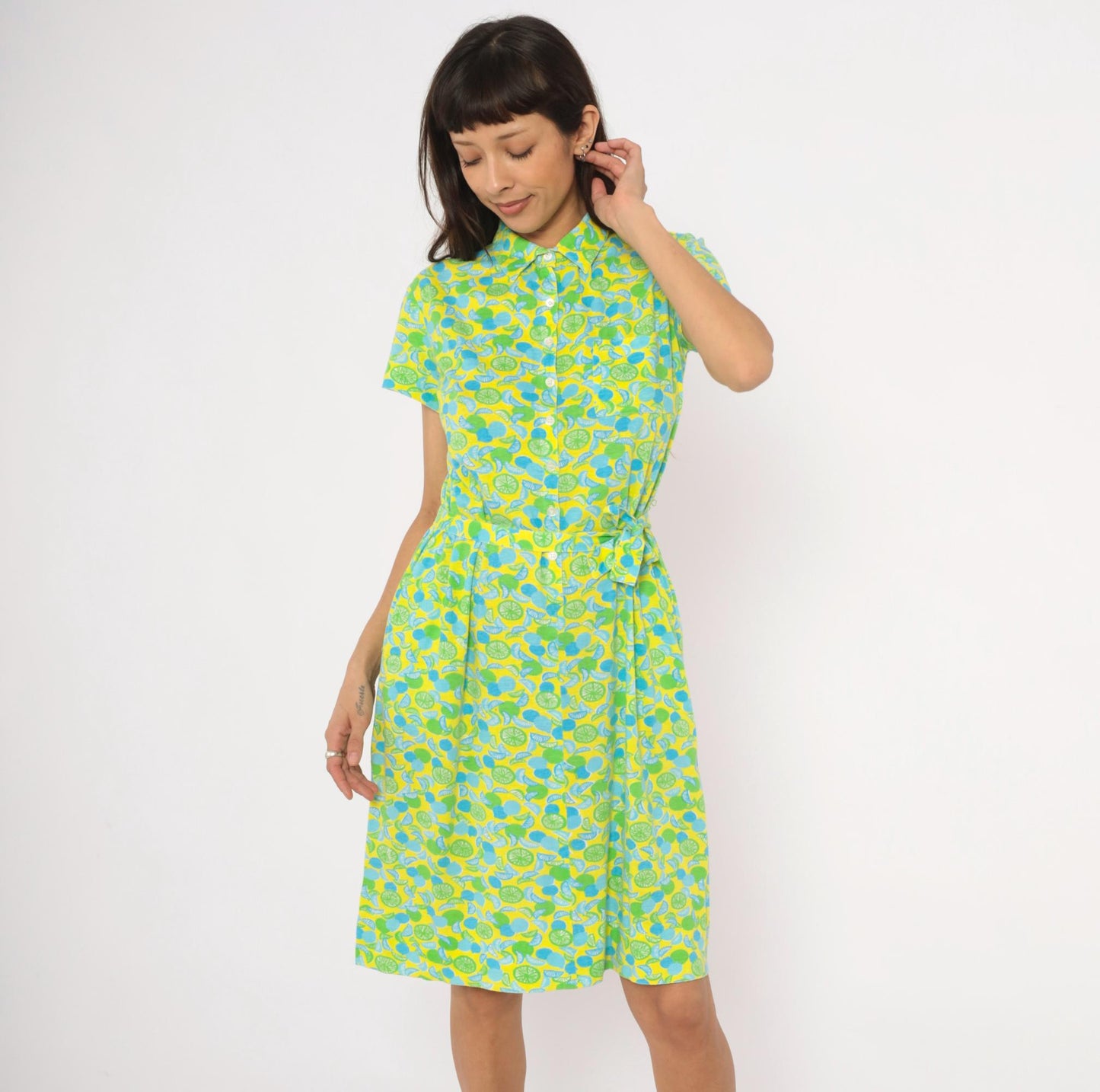 The Lilly Citrus Print Shirtdress Yellow Green Blue Knee-Length Cotton Medium