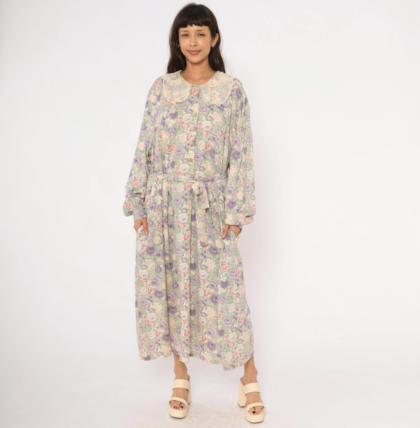 90s J Jill Floral Maxi Dress Lace Peter Pan Collar Plus Size XXL