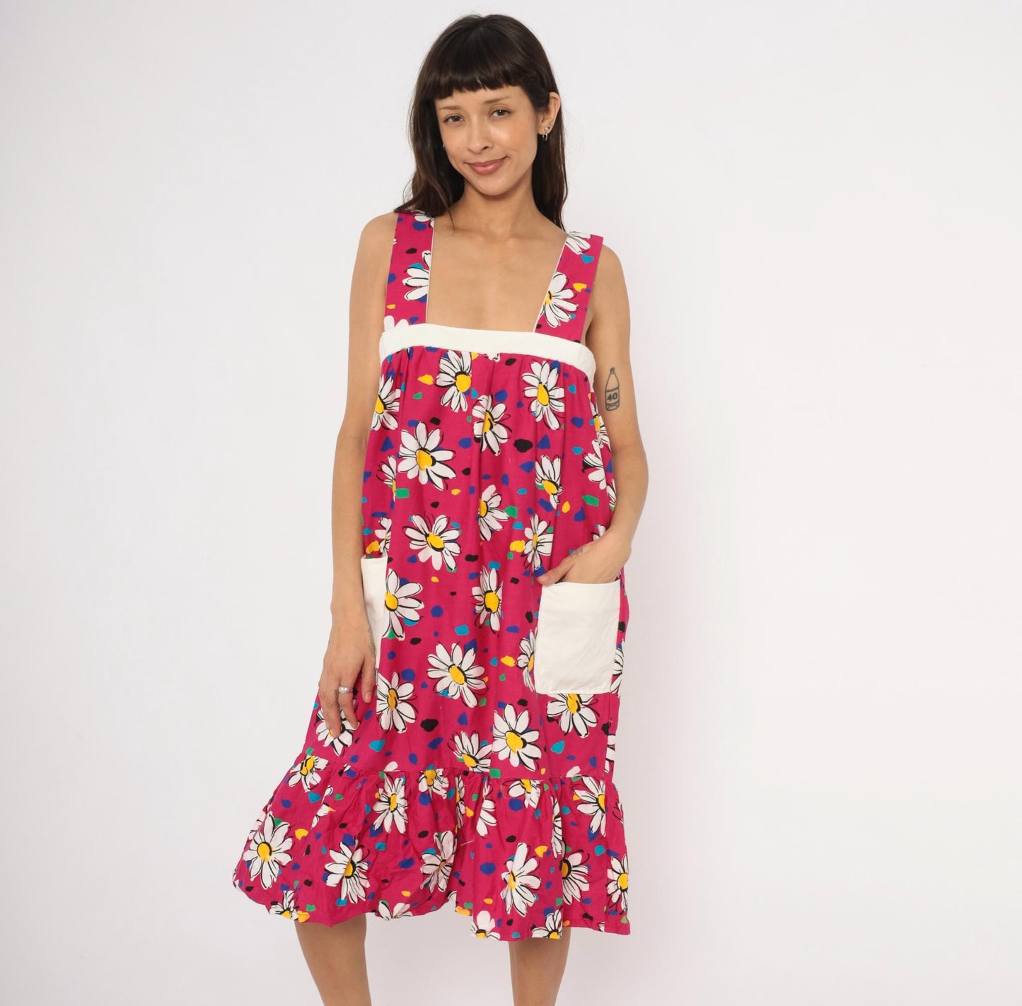 90s Fuchsia Daisy Print Cotton Sundress Square Neck Ruffle Pockets Small