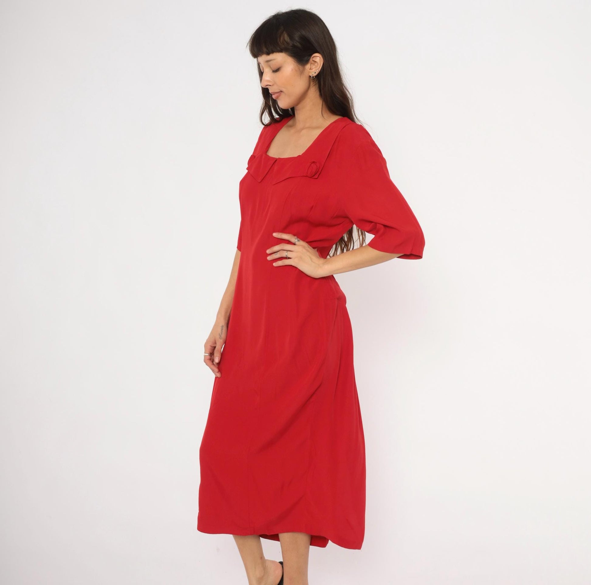 90s Atina Crimson Midi Dress Square Neckline Rosette Half Sleeve Large L