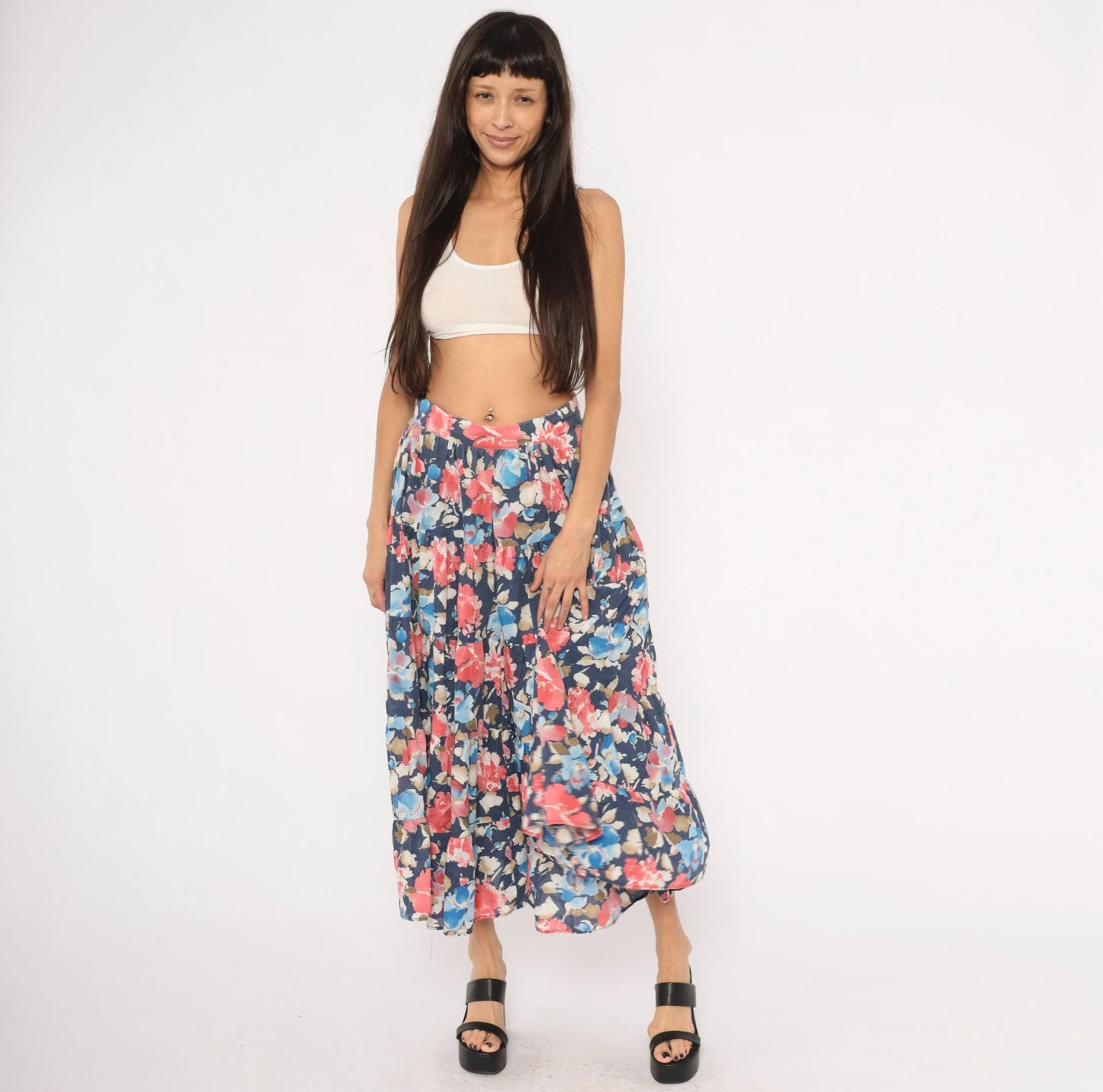 80s Navy Floral Tiered Cotton Midi Skirt Watercolor Print Large L