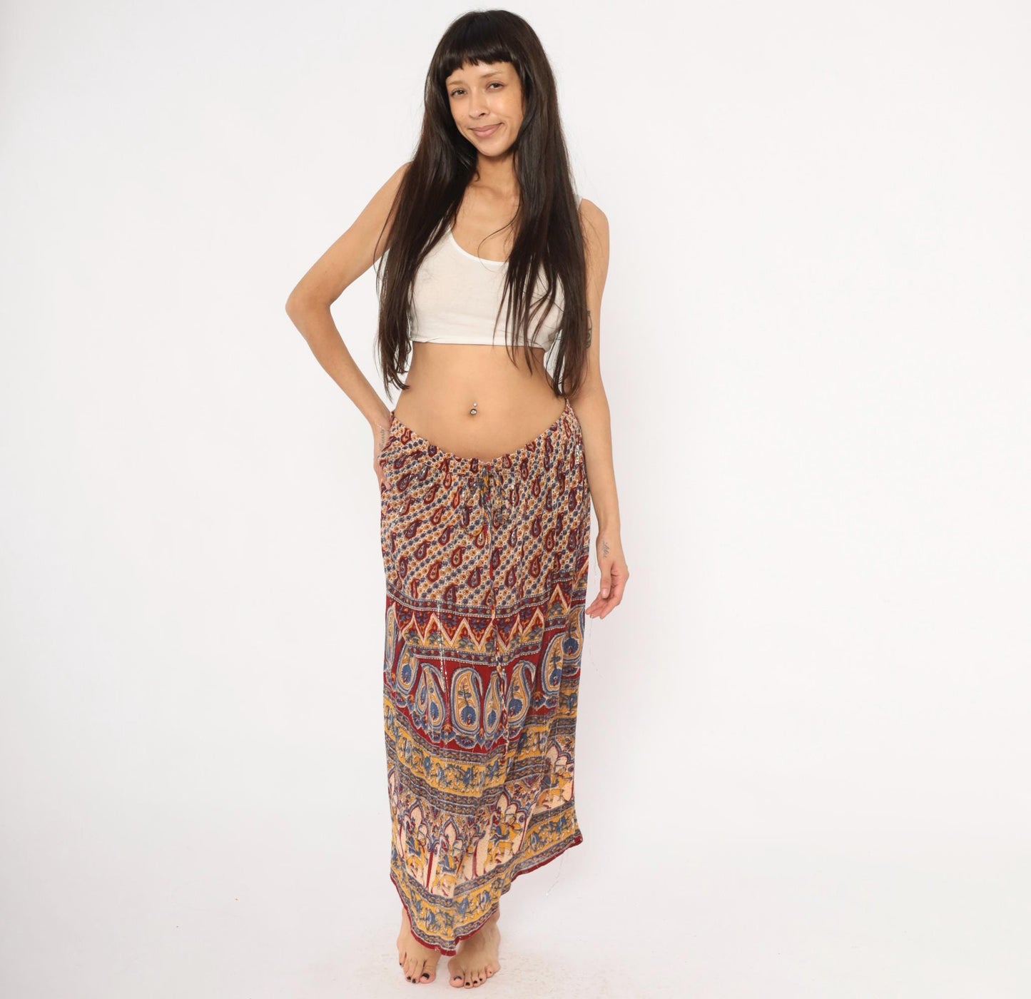 Y2K Lotus Indian Maxi Skirt Burgundy Paisley Gold Drawstring Waist Extra Large XXL
