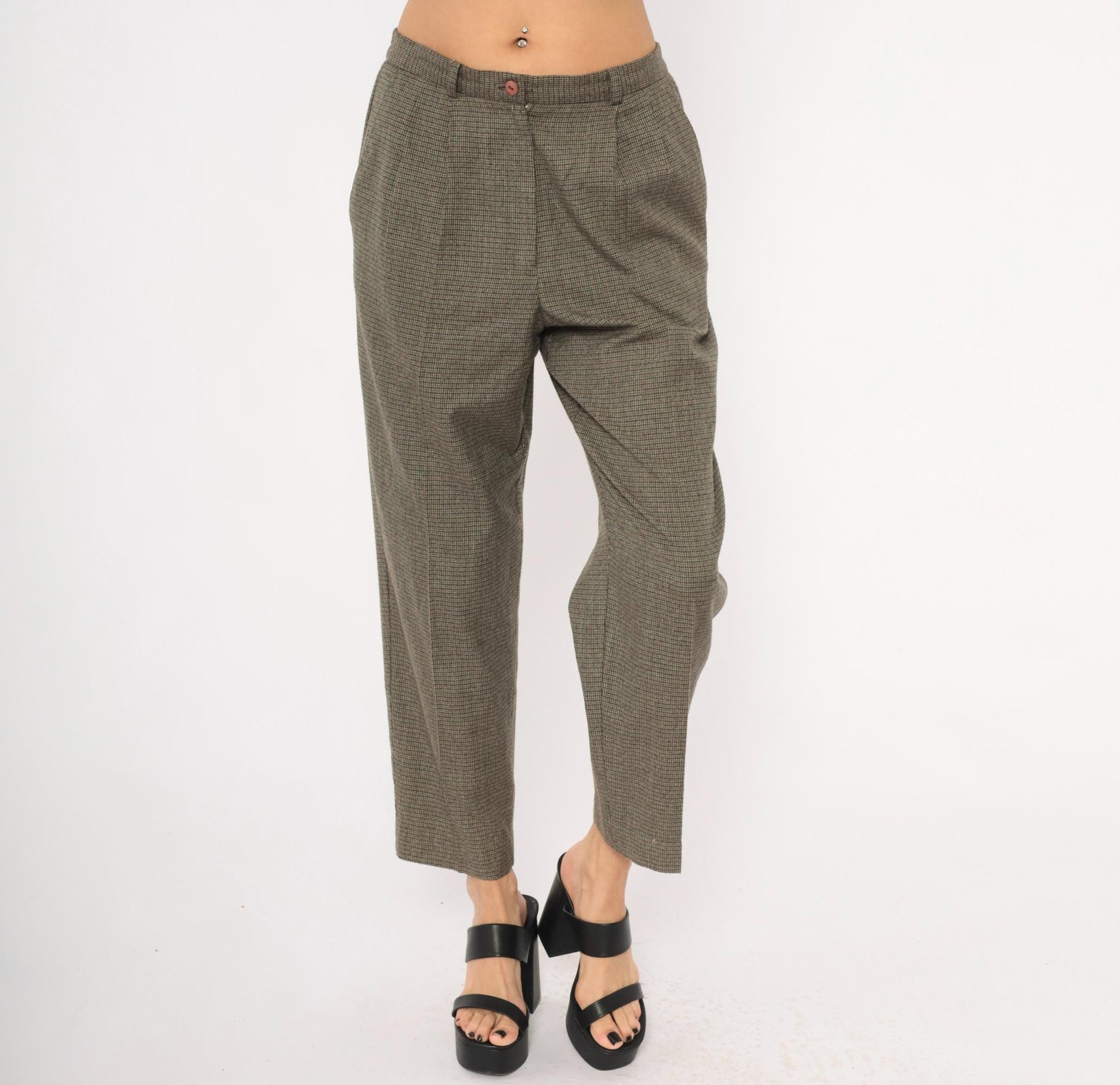 90s Requirements Houndstooth Pleated Trousers Olive High Waist Tapered Petite 8P