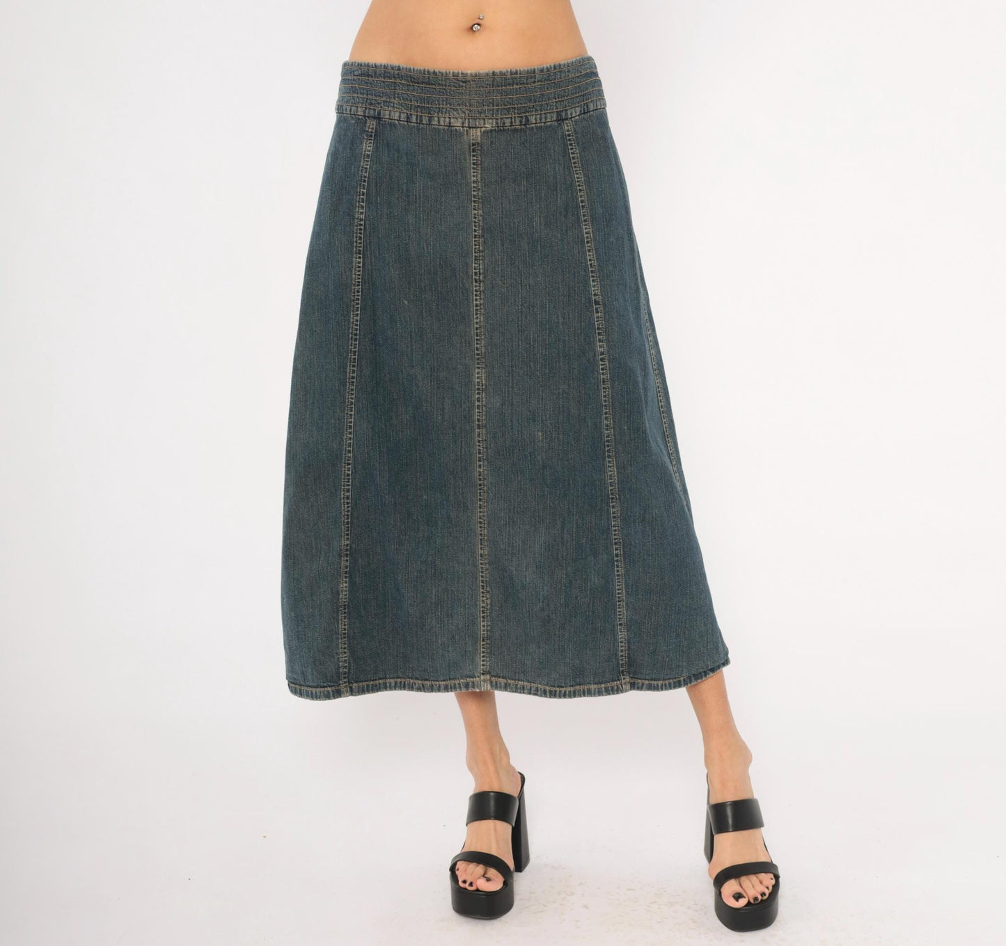 2000s Tommy Hilfiger Denim Midi Skirt Navy A-Line Low Rise Medium M