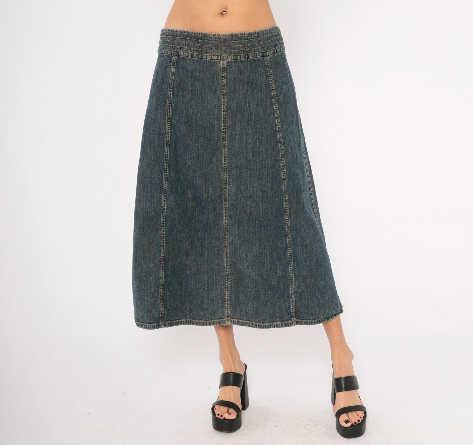 2000s Tommy Hilfiger Denim Midi Skirt Navy A-Line Low Rise Medium M