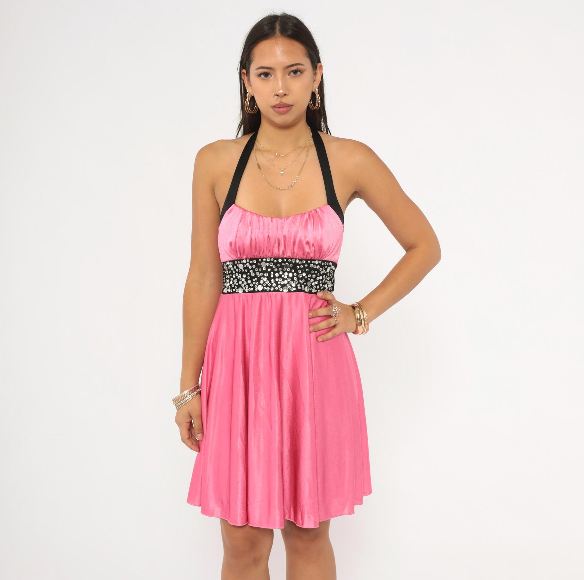 Y2K Speechless Pink Satin Halter Mini Dress Rhinestone Empire Waist Small S