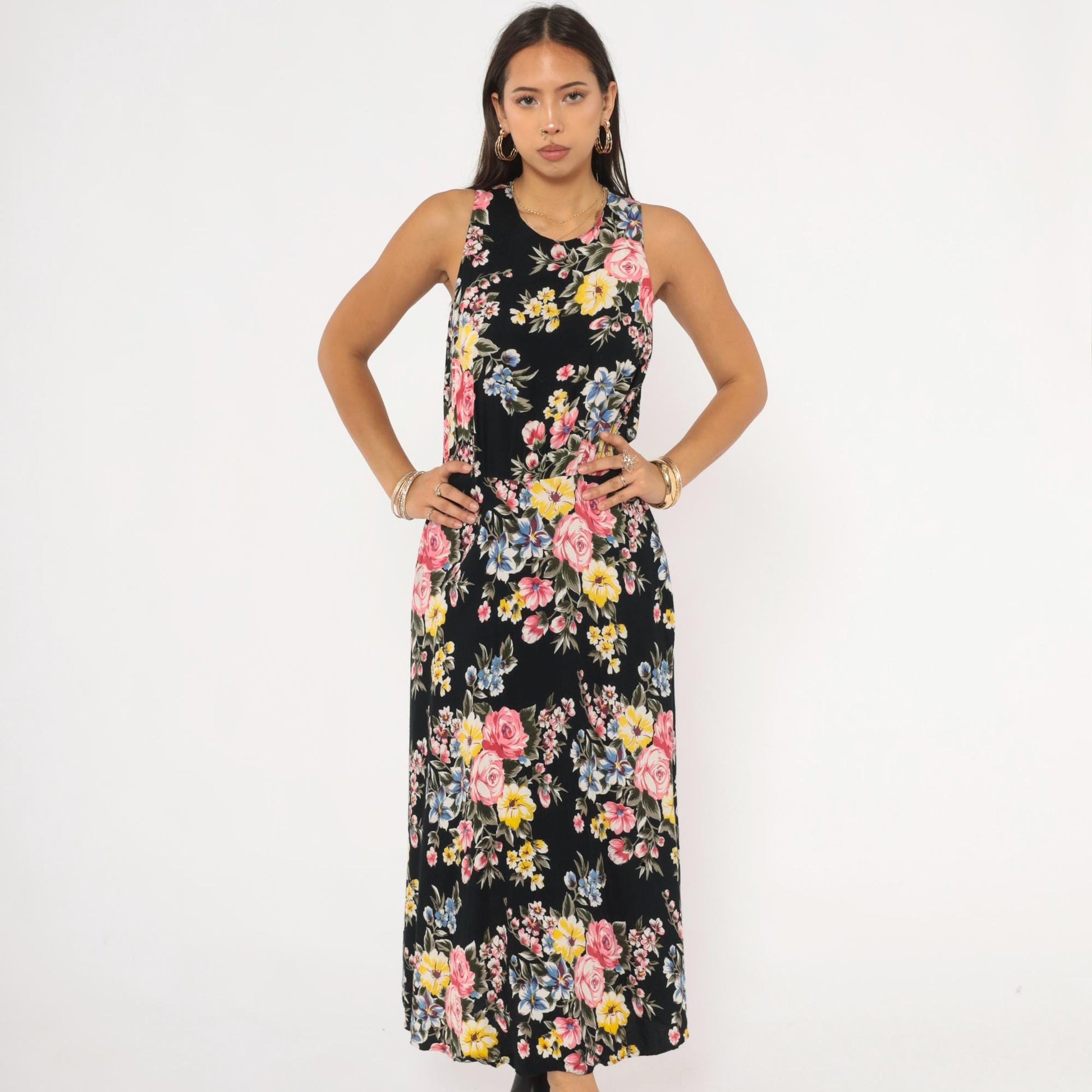 90s Style Works Floral Maxi Dress Black Pink Rose Yellow Blue Sleeveless Medium M