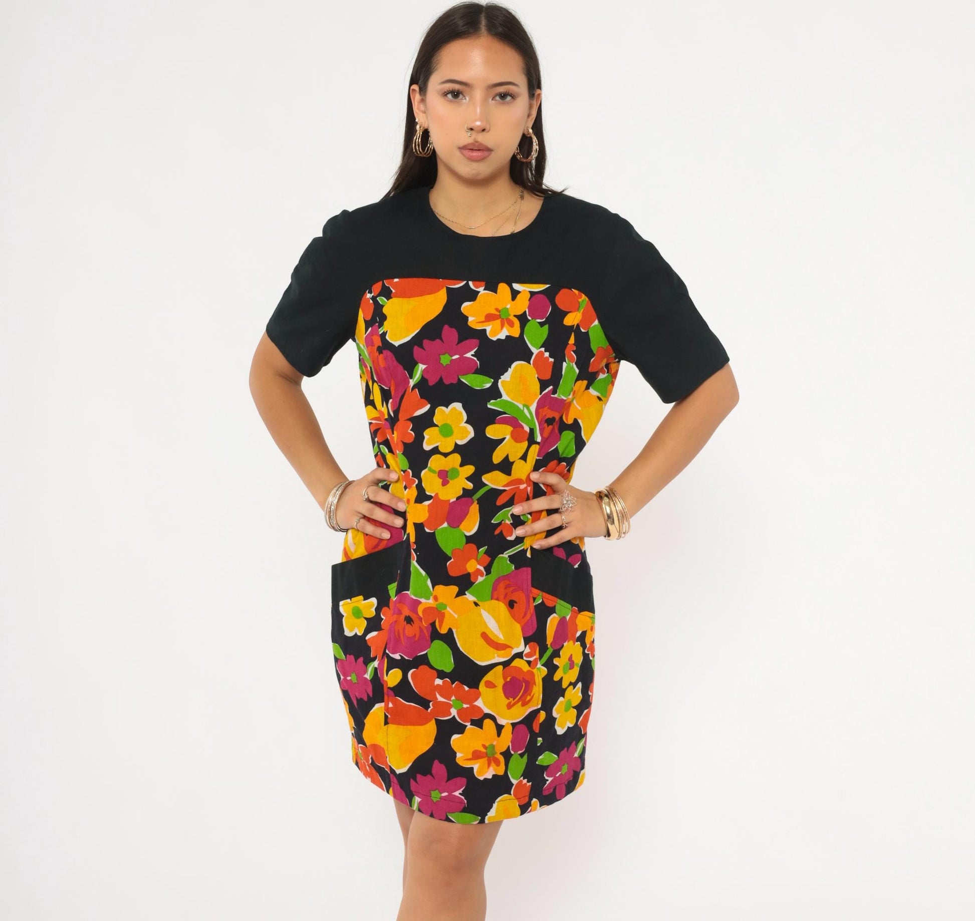 90s Gigi Psychedelic Floral Shift Dress Black Orange Pink Knee Length Medium M