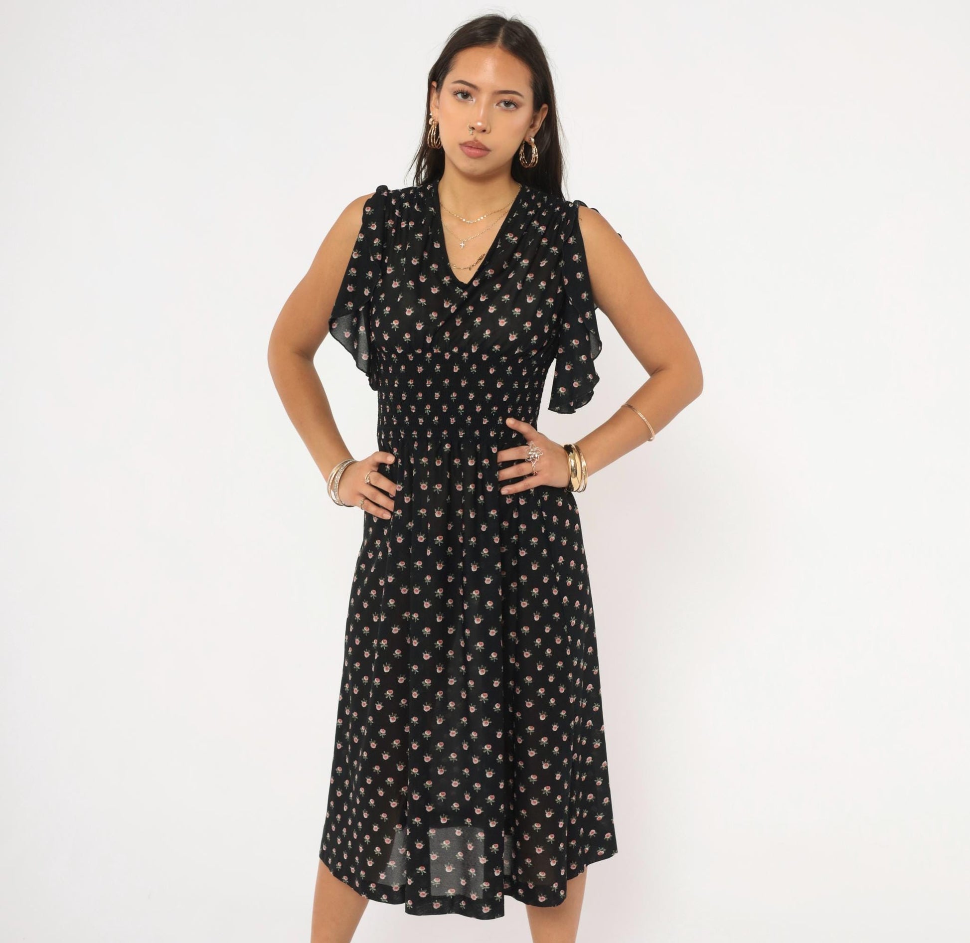 70s Act 1 New York Floral Midi Dress Flutter Sleeve Black Rose Print Small Medium