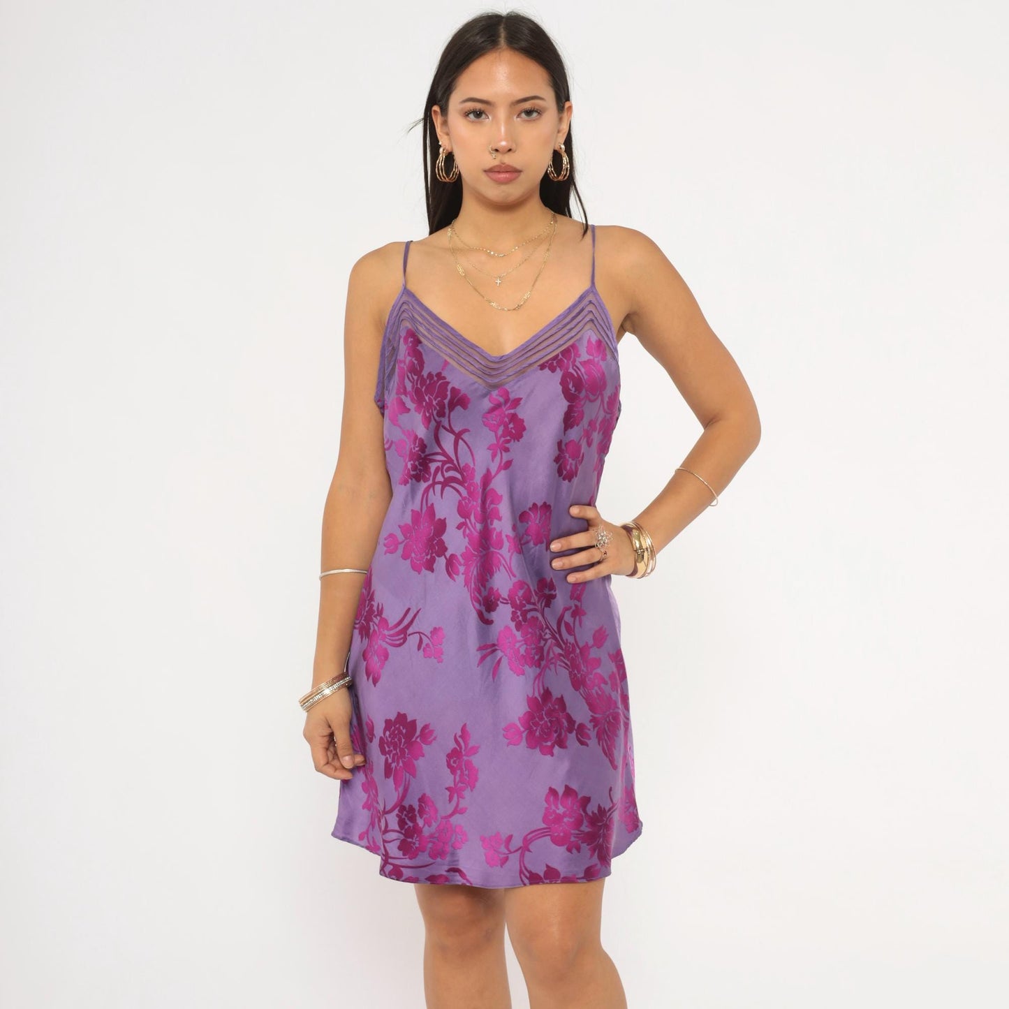 Y2K Victoria's Secret Purple Silk Slip Dress Floral Jacquard Mini Large L