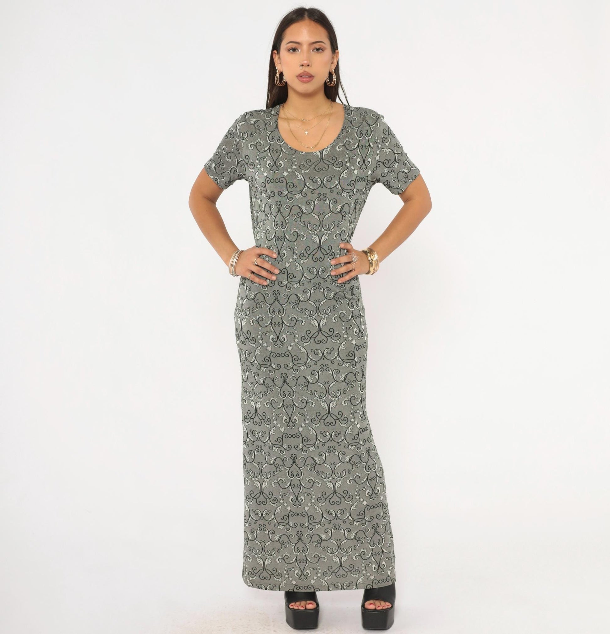 90s Abba Lycra Maxi Dress Baroque Damask Print Charcoal Short Sleeve Large L