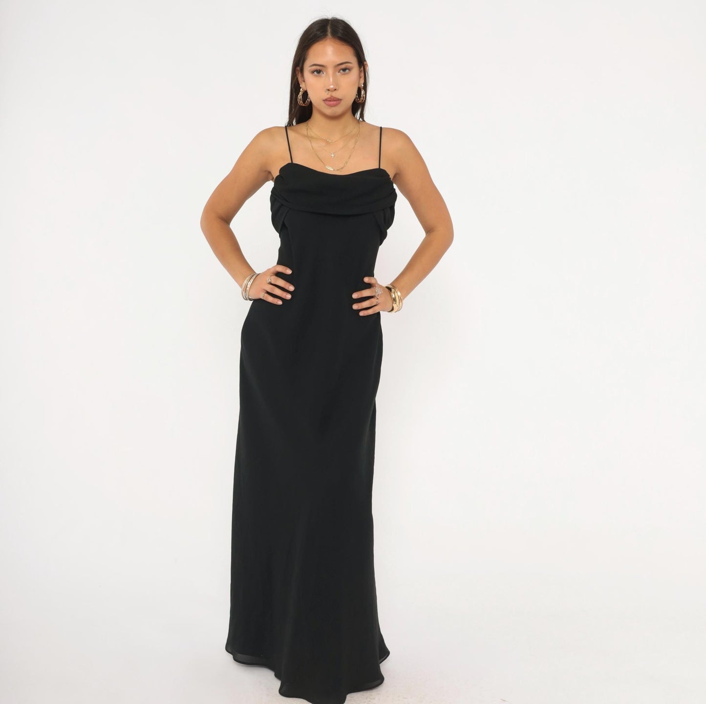 90s Betsy & Adam Black Cowl Neck Maxi Gown Ruched Back Medium M