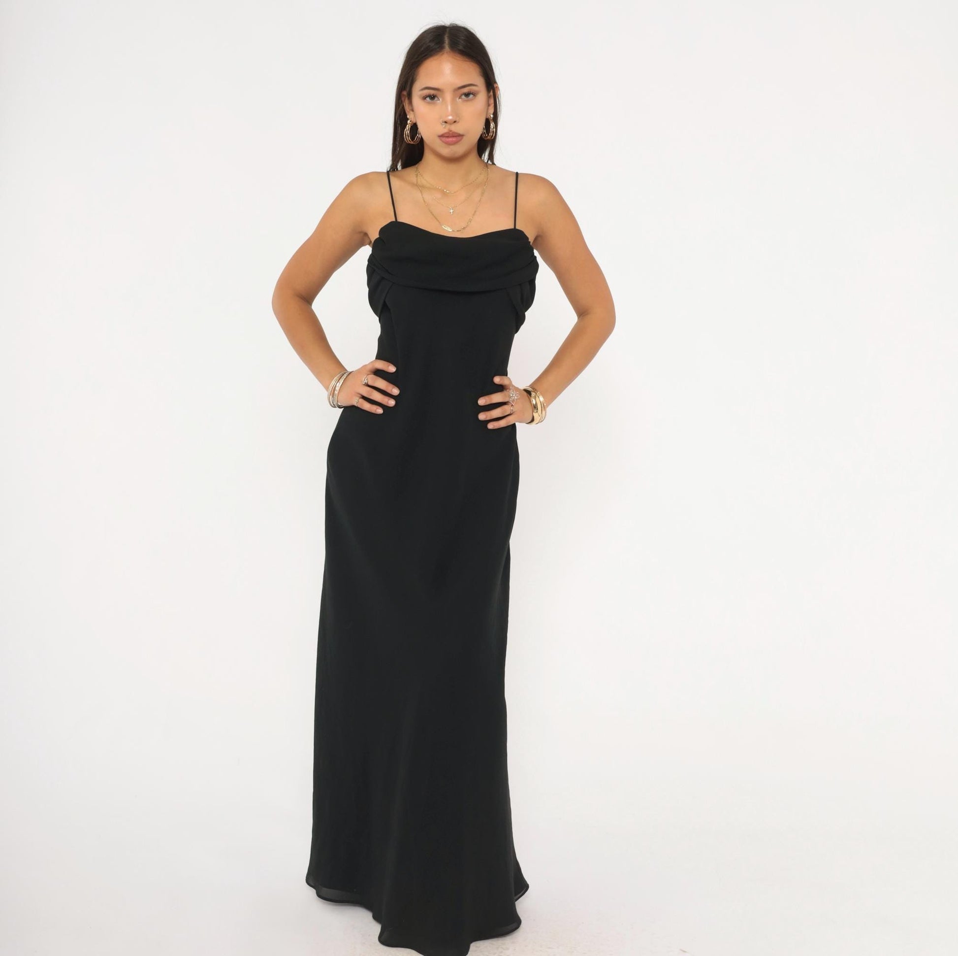 90s Betsy & Adam Black Cowl Neck Maxi Gown Ruched Back Medium M