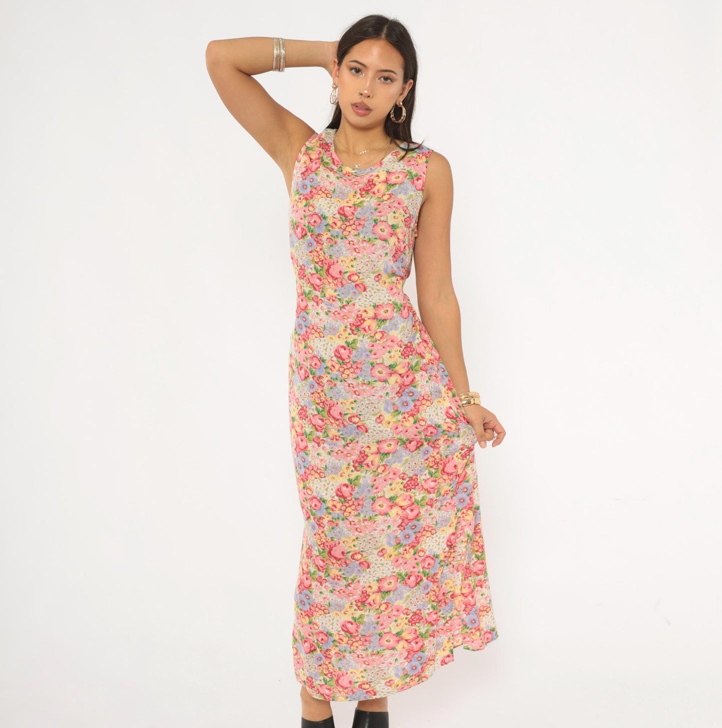 90s Casual Corner Annex Floral Maxi Dress Pink Garden Print Tie Back Small