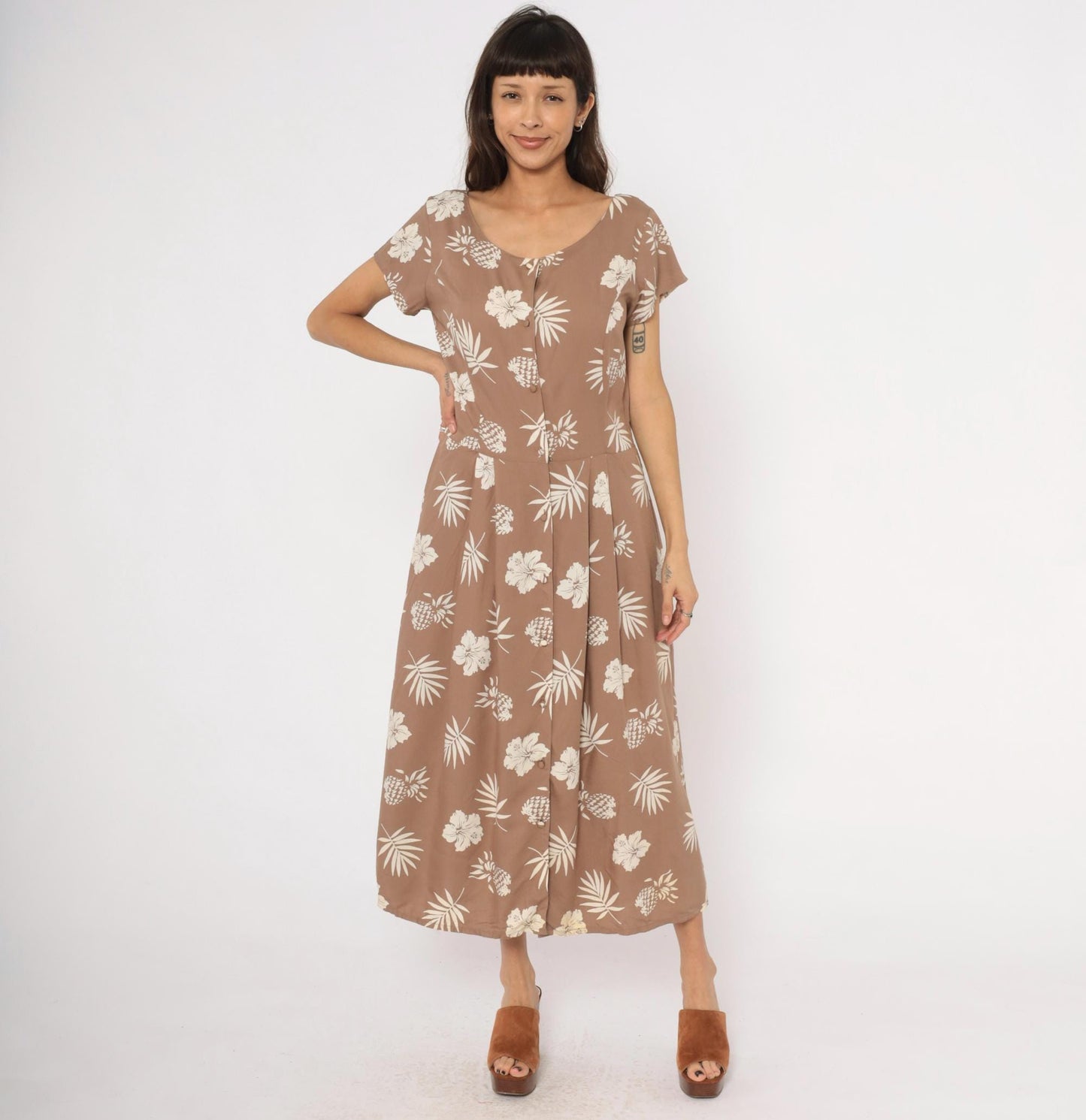 80s Apart Tropical Hibiscus Maxi Dress Tan Cream Cap Sleeve Medium M