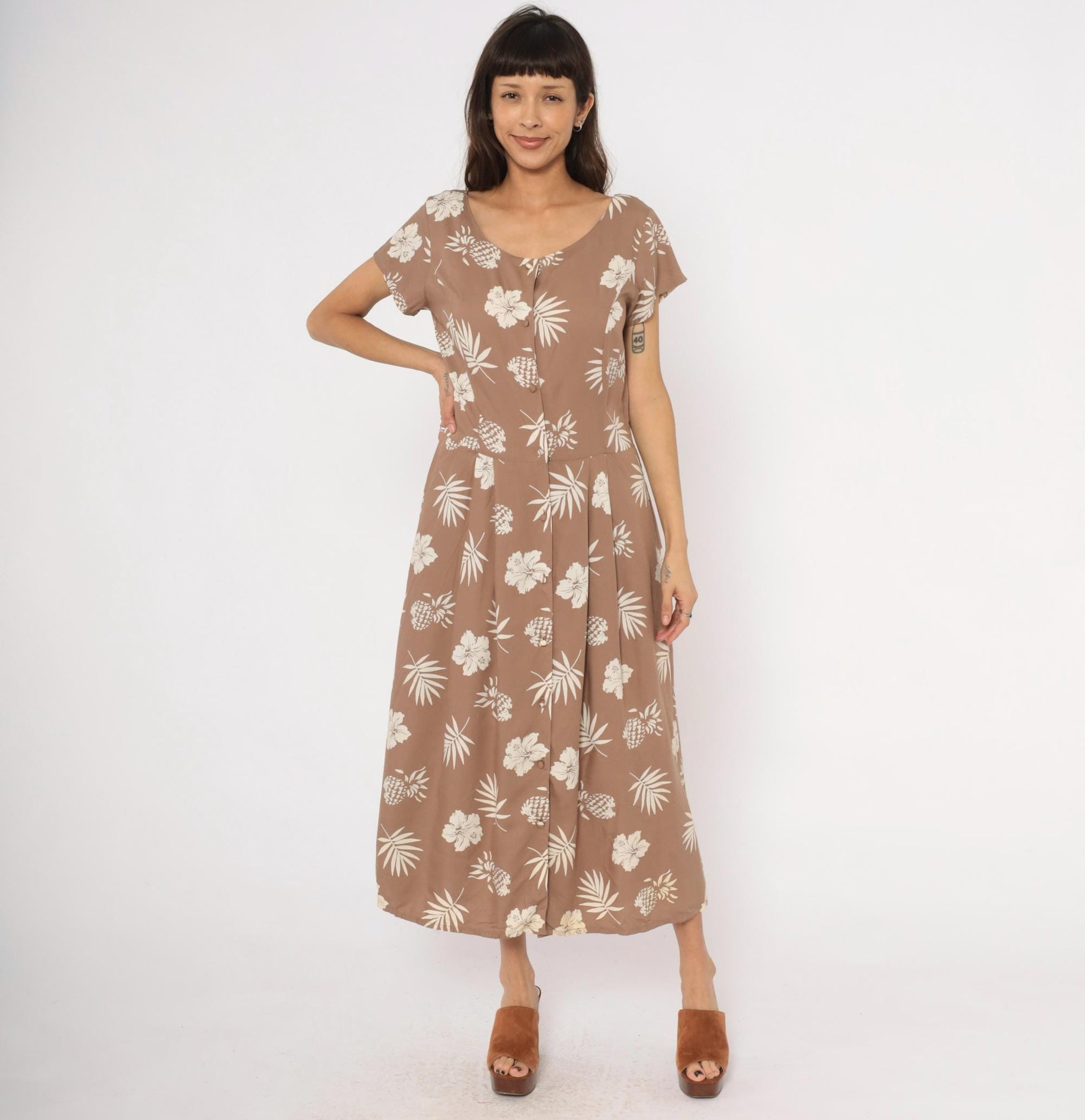 80s Apart Tropical Hibiscus Maxi Dress Tan Cream Cap Sleeve Medium M