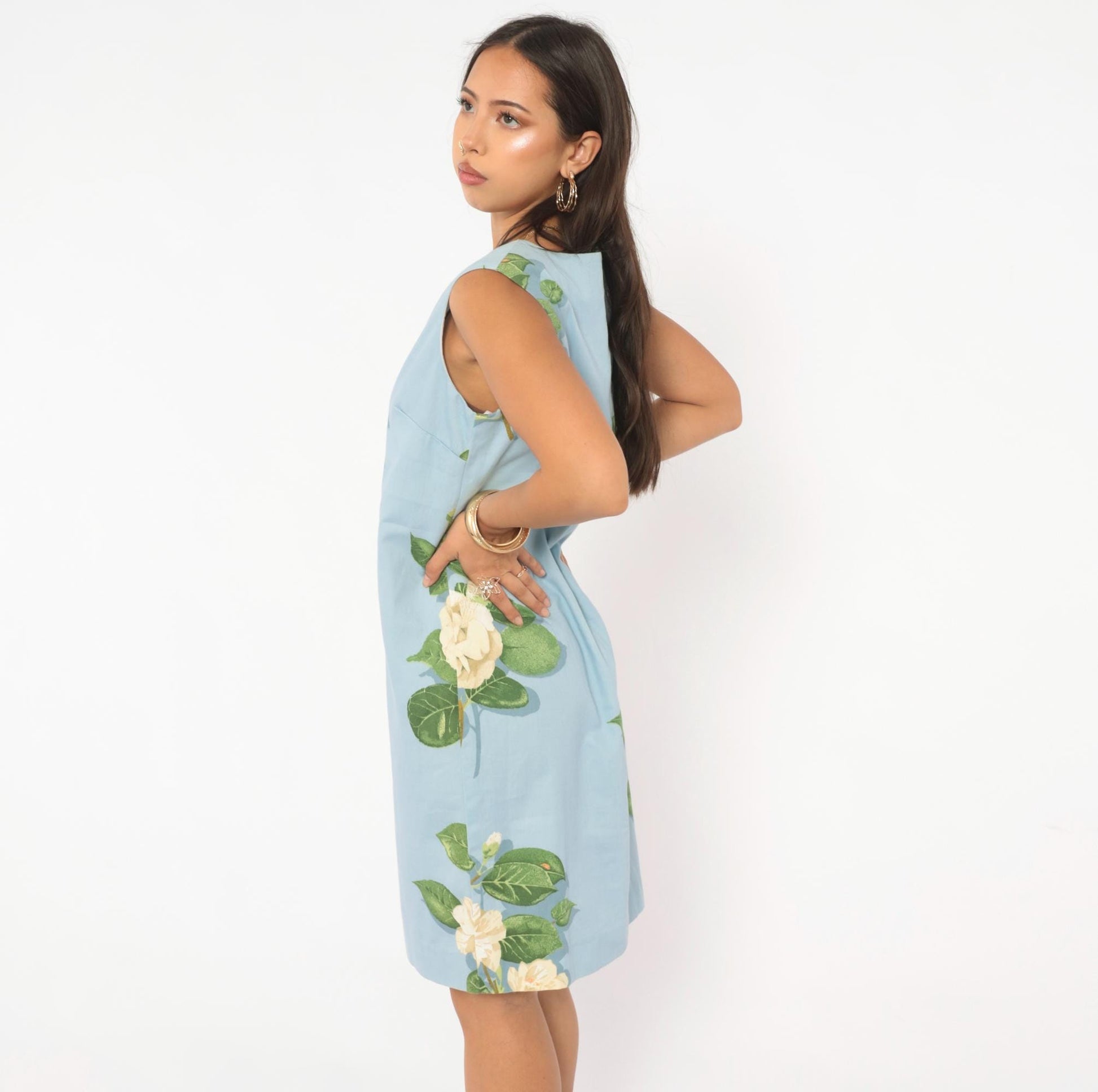 2000s Chris Kellogg Sky Blue Floral Shift Dress Botanical Rose Print Knee Length Medium M