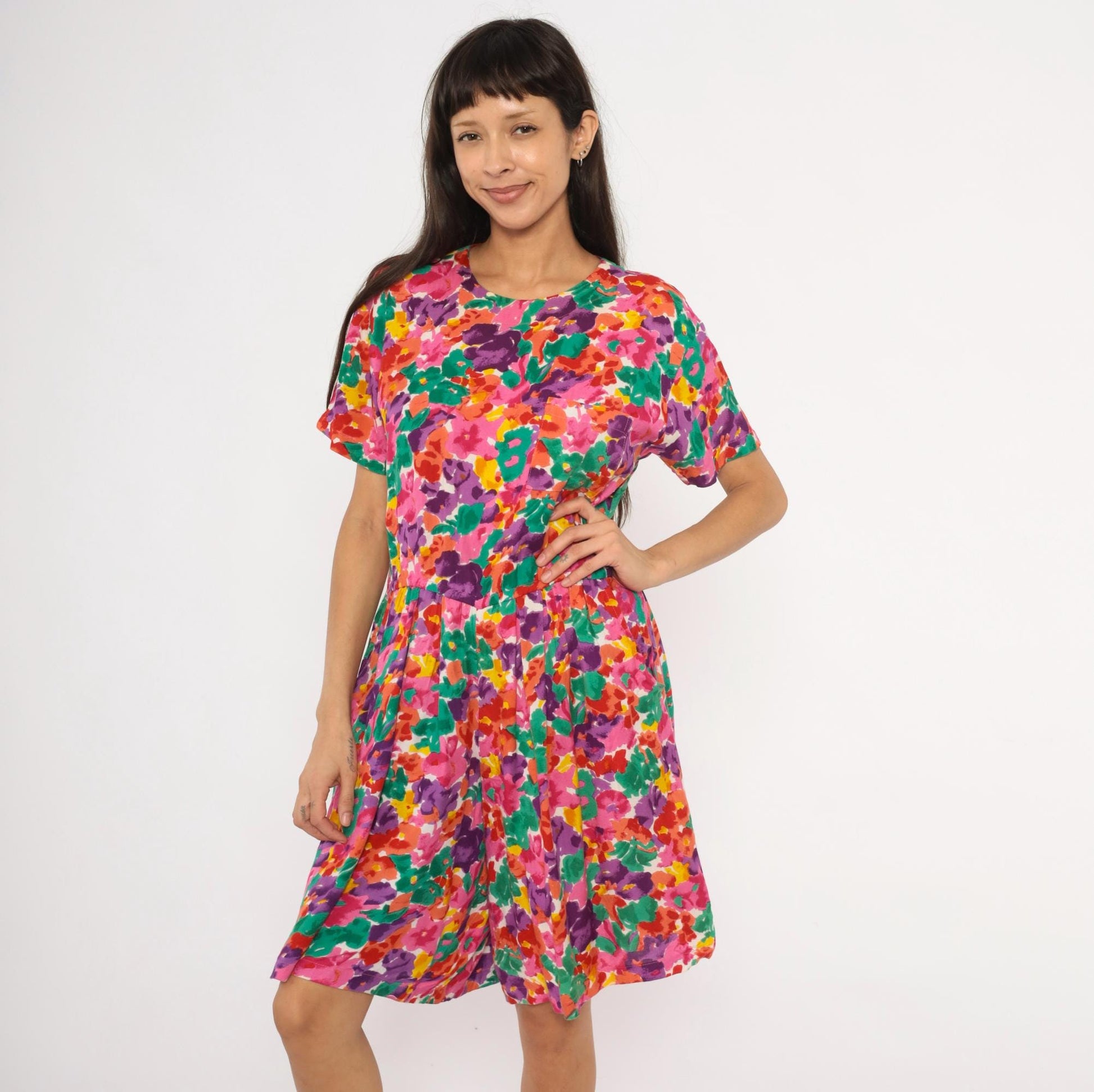 90s S.Roberts Watercolor Floral Romper Pink Purple Green Small