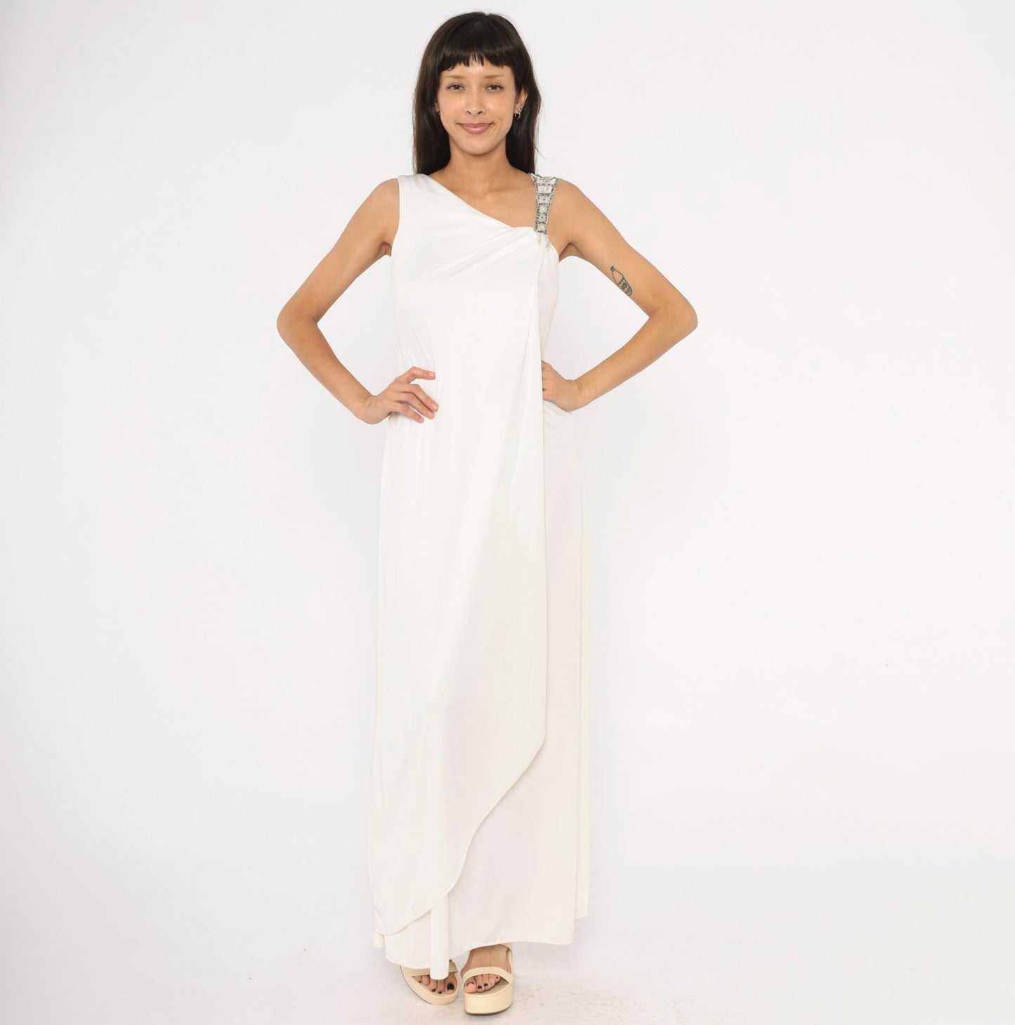 70s White Maxi Gown Asymmetrical Neckline Beaded Crystal Strap Small
