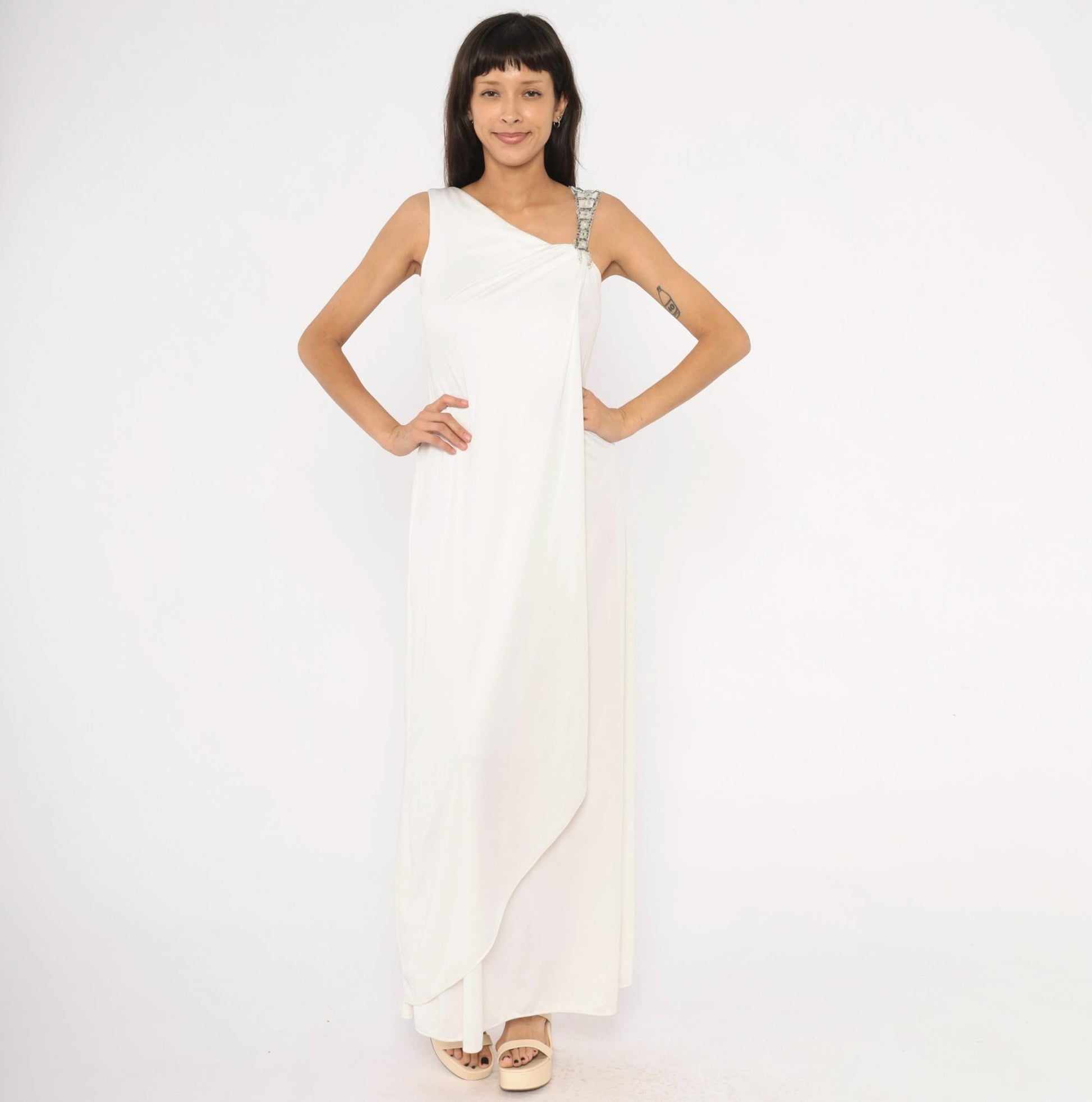 70s White Maxi Gown Asymmetrical Neckline Beaded Crystal Strap Small