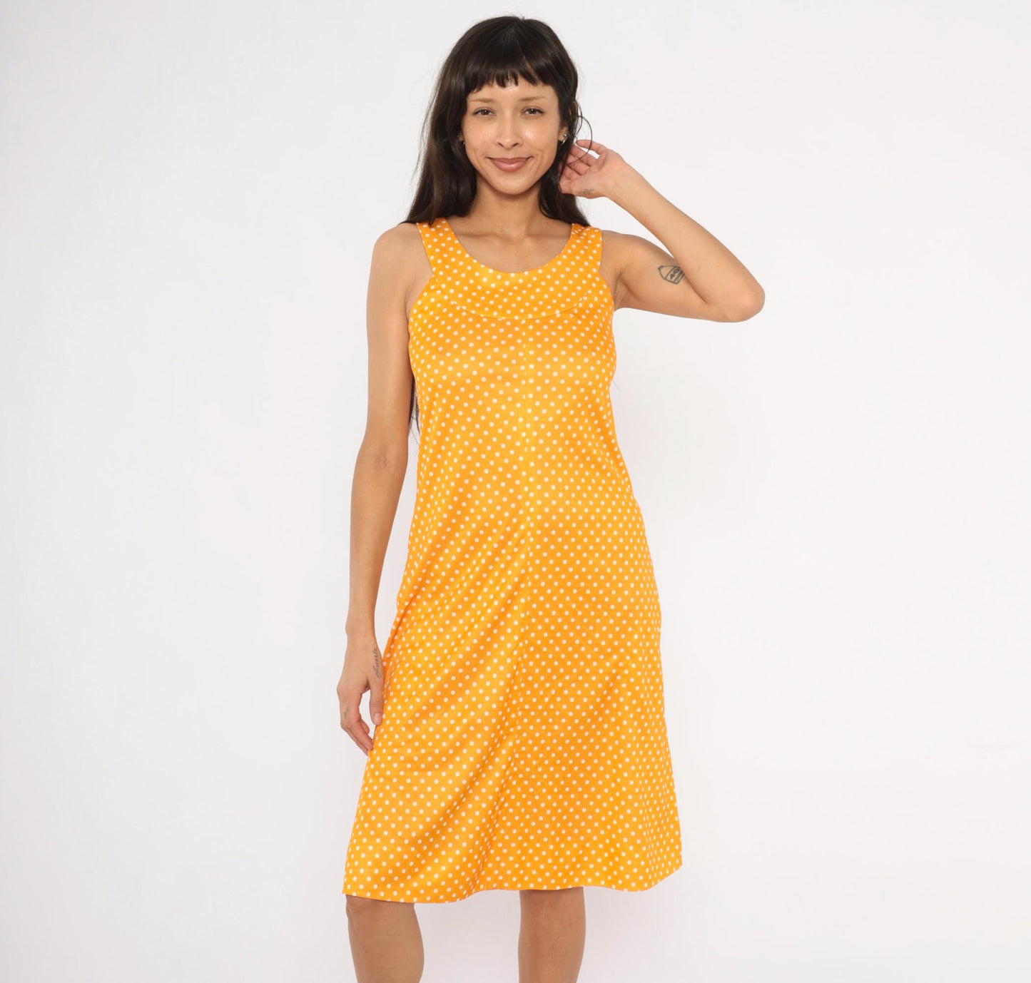 70s Yellow White Polka Dot Sundress Empire Waist Tank Small