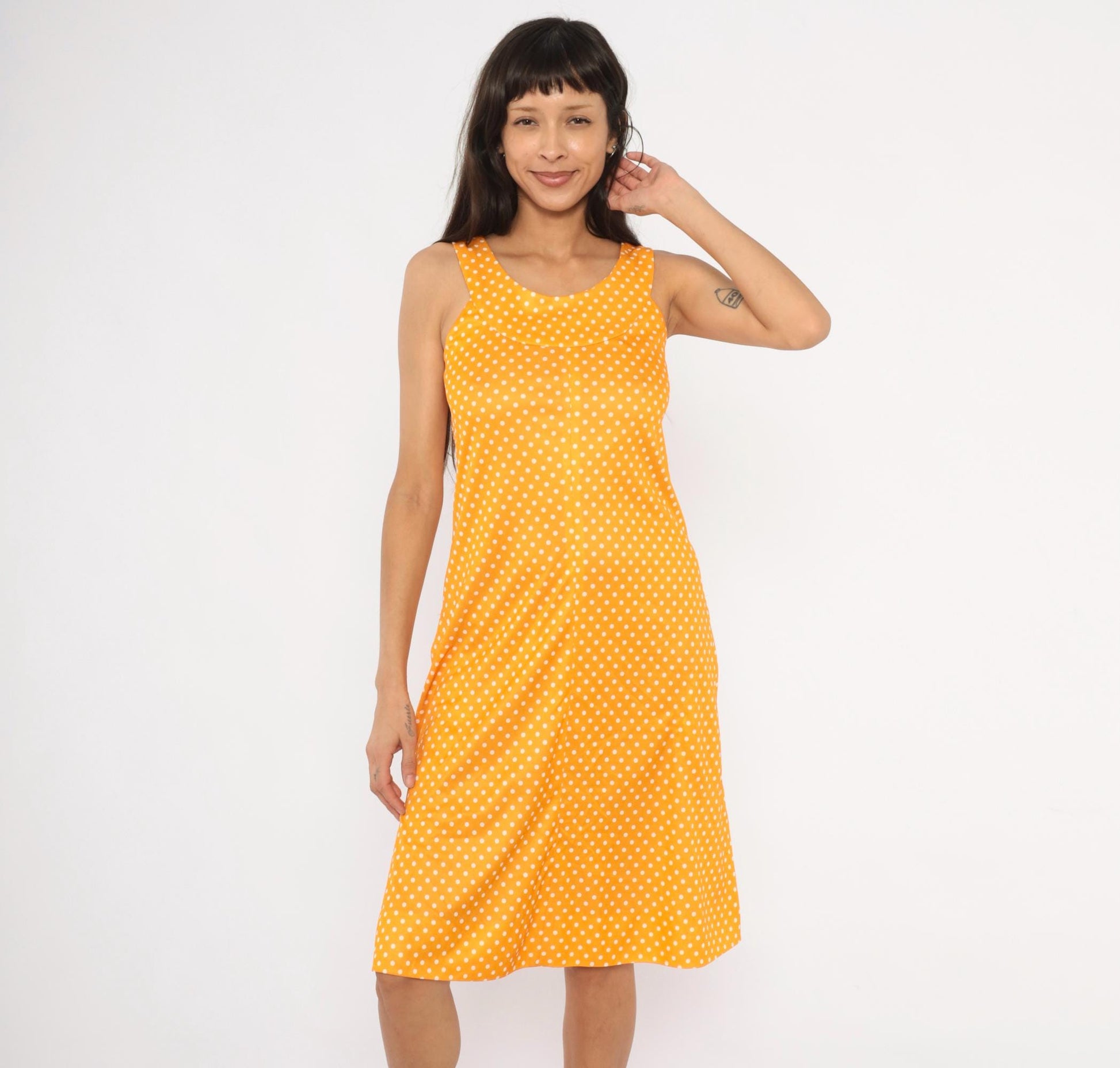 70s Yellow White Polka Dot Sundress Empire Waist Tank Small