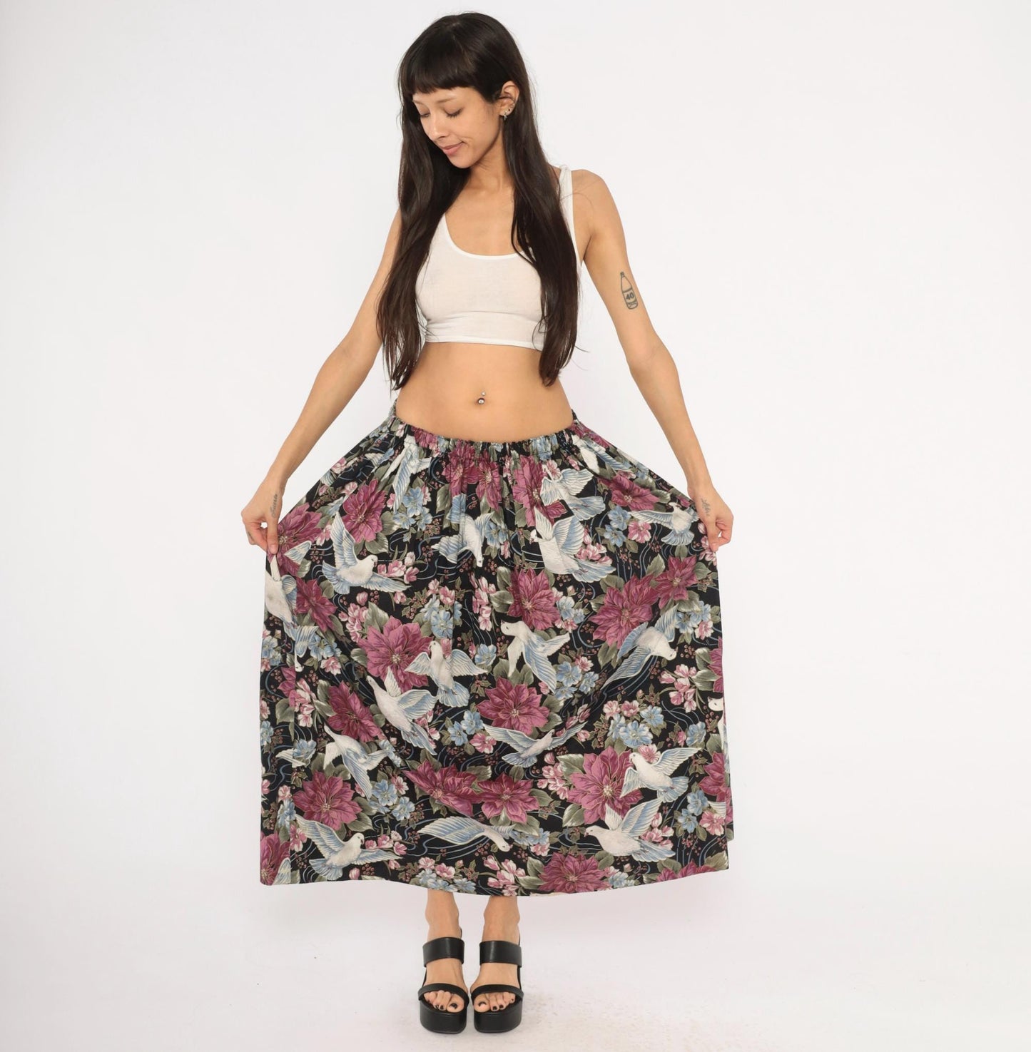 80s Navy Dove Poinsettia Maxi Skirt Cotton Floral A-Line Medium Large