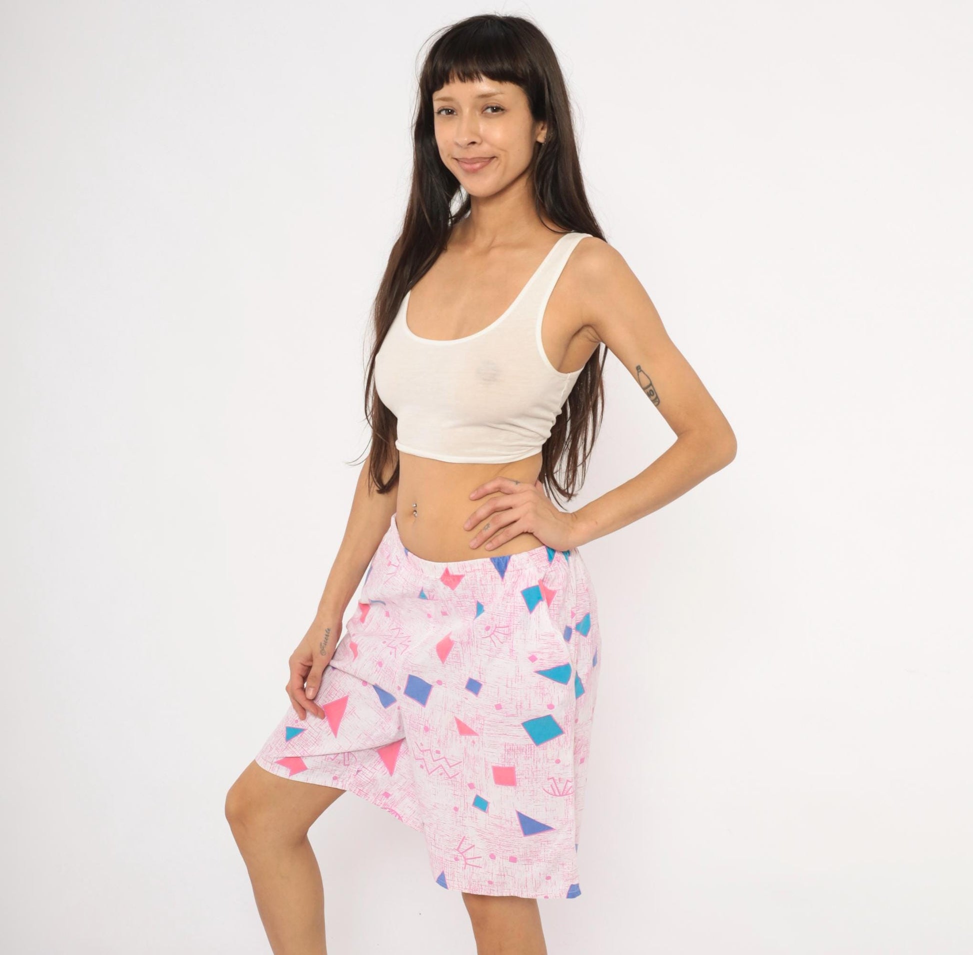 80s Geometric Triangle Shorts Pink Teal Blue Cotton Knee-Length Medium