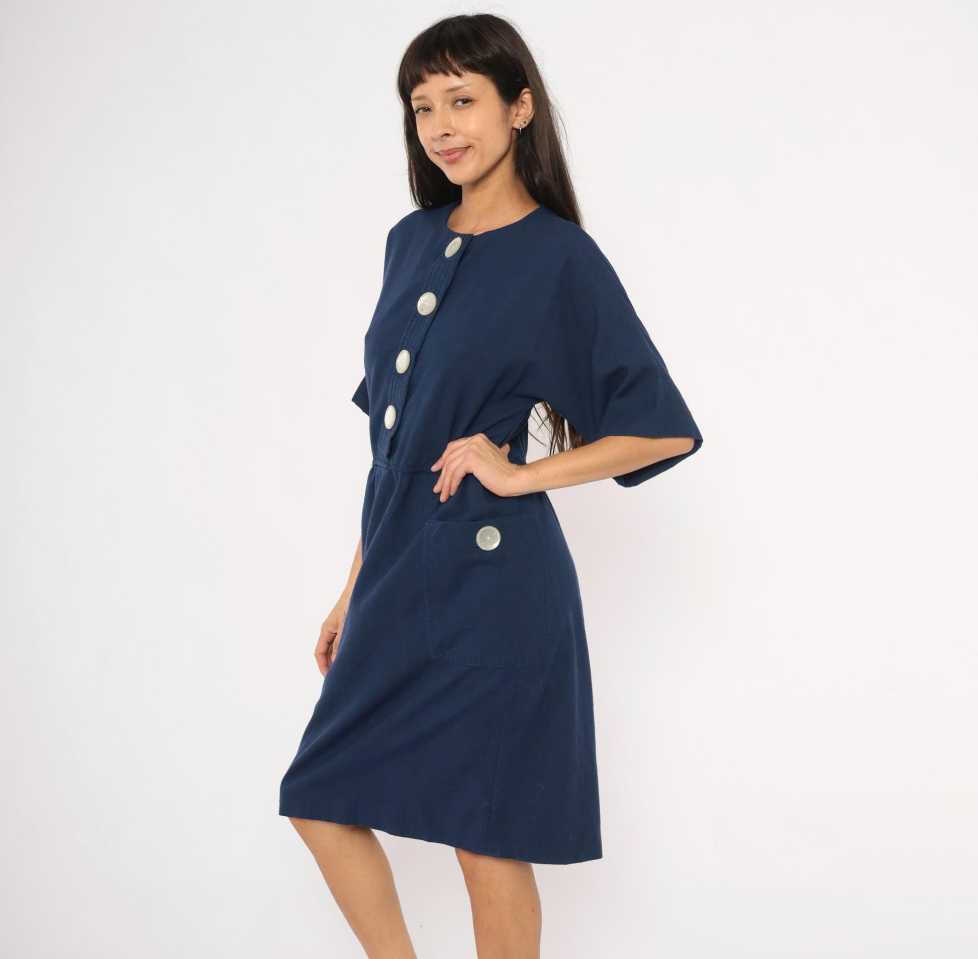 80s Leslie Fay Navy Button-Front Dress Knee-Length Elastic Waist Large L