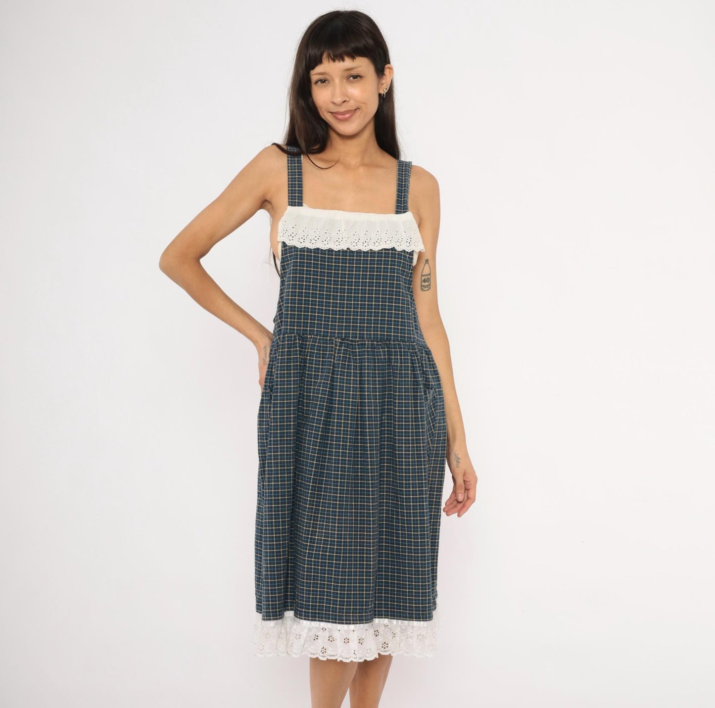 80s Navy Tan Plaid Pinafore Sundress Cotton Eyelet Lace Knee Medium