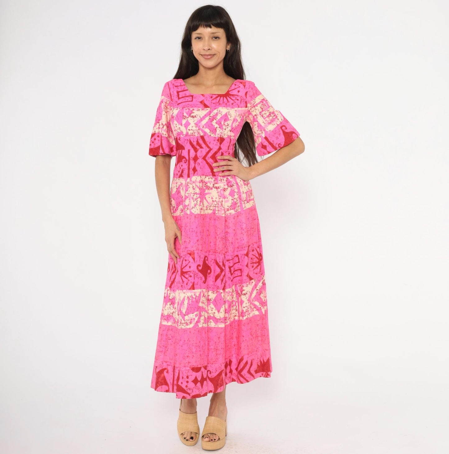 70s Holiday Sportswear Hot Pink Batik Maxi Dress Bell Sleeve Square Neck XS