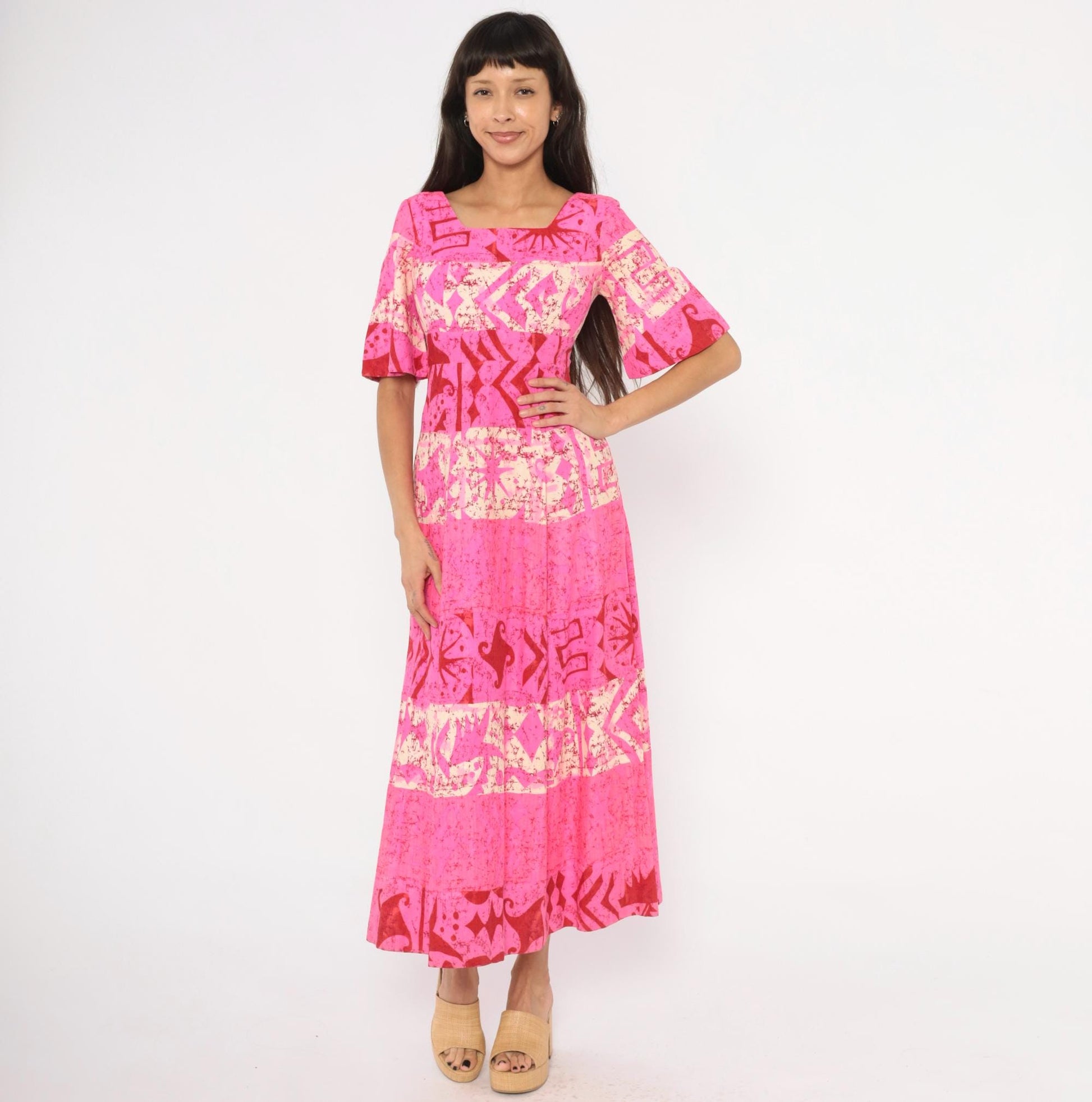 70s Holiday Sportswear Hot Pink Batik Maxi Dress Bell Sleeve Square Neck XS