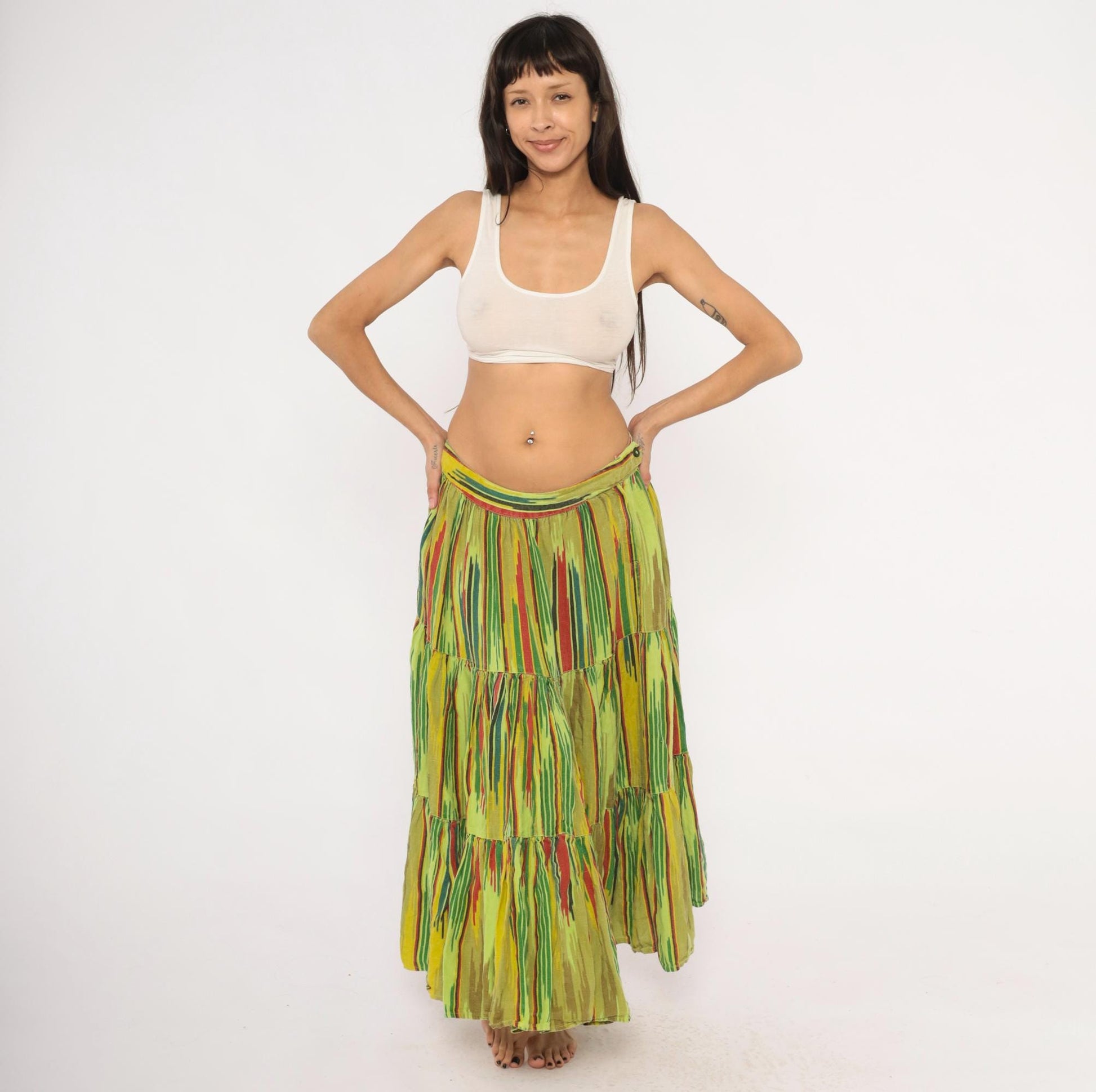 2000s Mason's Ikat Tiered Maxi Skirt Green Yellow Red Woven Large L