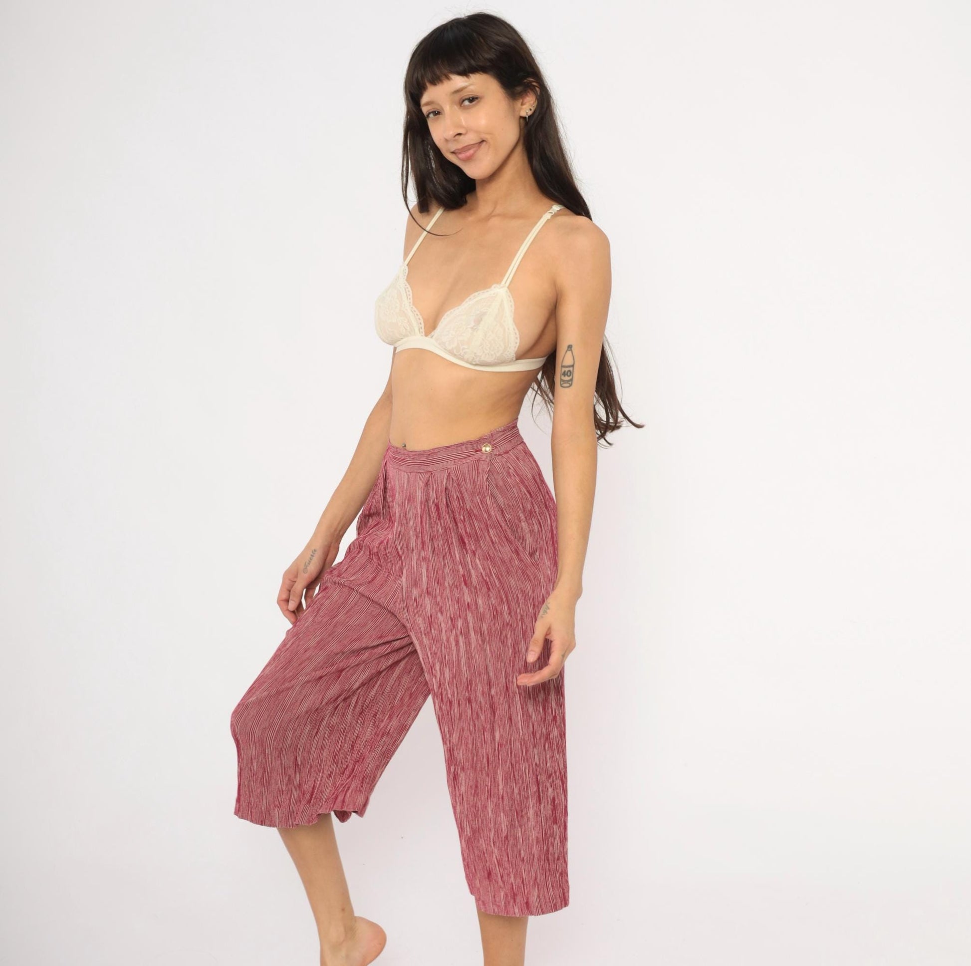 80s Leslie Fay Burgundy Striped Pleated Culottes Wide Leg Cropped Medium