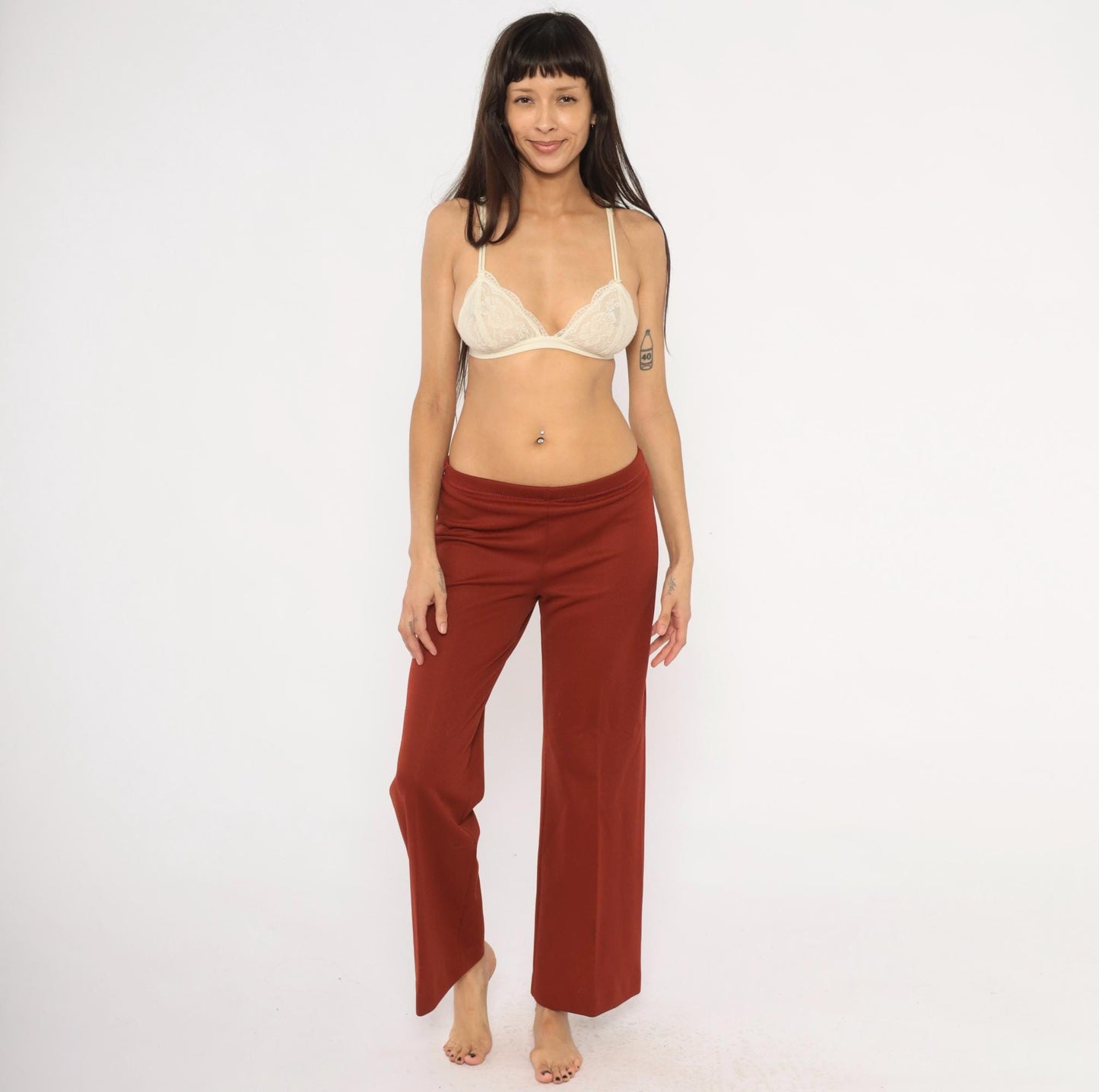 70s Rust Wide Leg Pants Elastic Waist Flare Bottom Pull On Trousers Large L