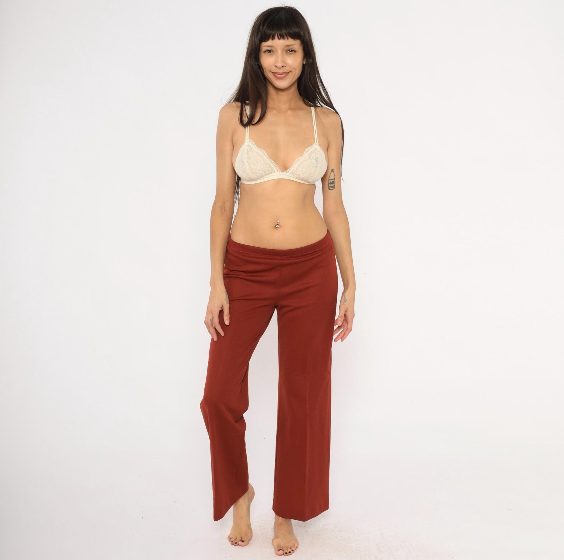 70s Rust Wide Leg Pants Elastic Waist Flare Bottom Pull On Trousers Large L