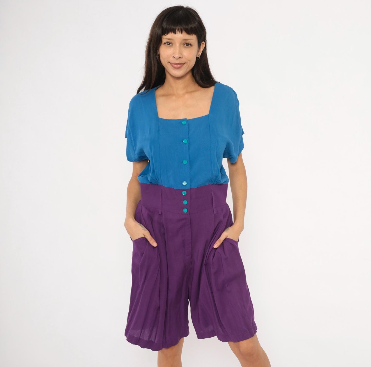 90s Rabbit Jr Color Block Romper Cobalt Blue Plum Purple Medium M