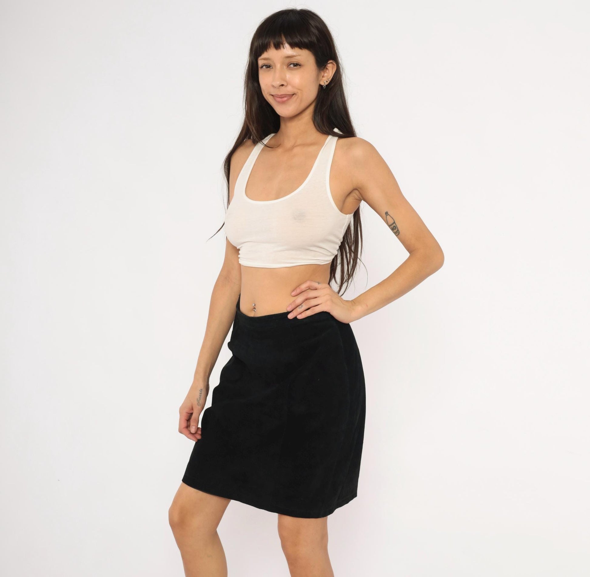90s Black Suede Pencil Skirt High Waist Knee Length Medium M